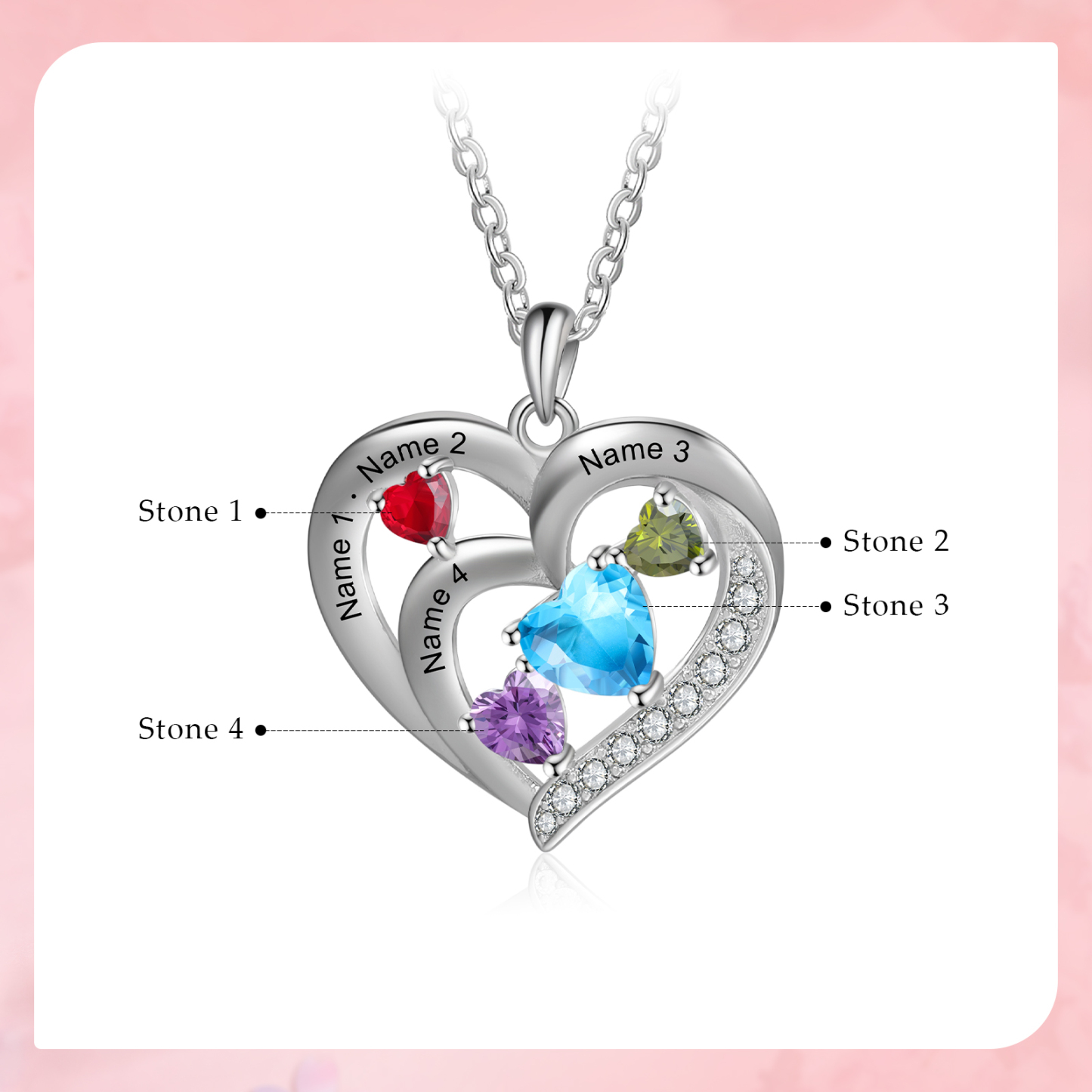 Personalised Heart Birthstone Necklac Custom 4 Names and 4 Birthstones Women's Necklace Gift for Nan | Jessmade