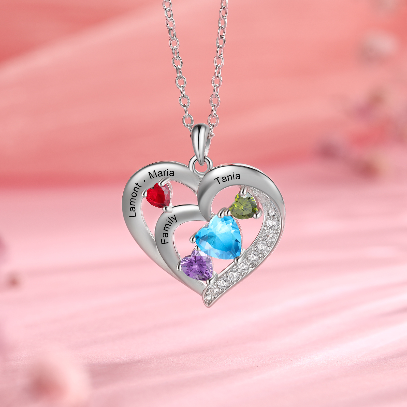 Personalised Heart Birthstone Necklac Custom 4 Names and 4 Birthstones Women's Necklace Gift for Nan | Jessmade