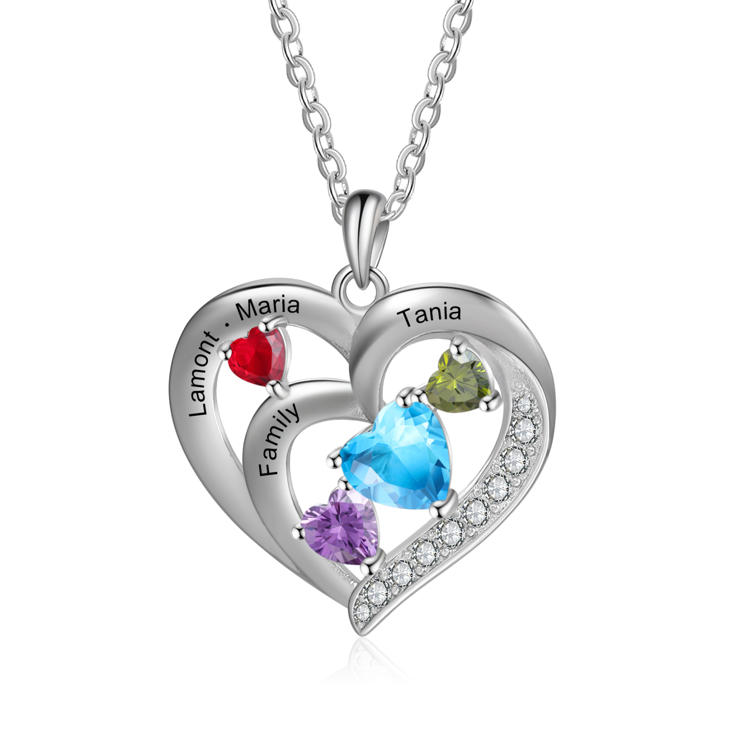 Personalised Heart Birthstone Necklac Custom 4 Names and 4 Birthstones