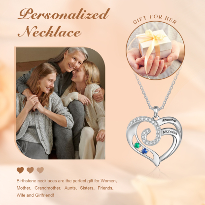Personalised Heart Necklace with Custom 2 Names and 2 Birthstones 925 Sterling Silver Necklace Gift for Her | Jessmade