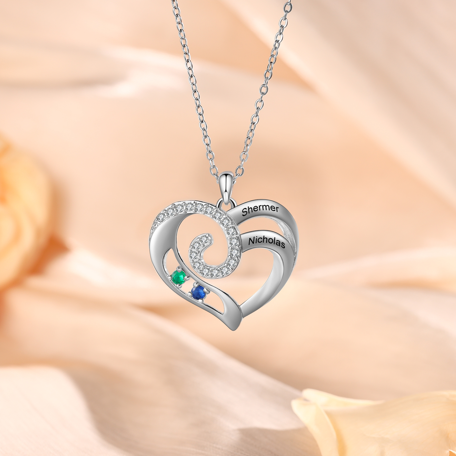 Personalised Heart Necklace with Custom 2 Names and 2 Birthstones 925 Sterling Silver Necklace Gift for Her | Jessmade