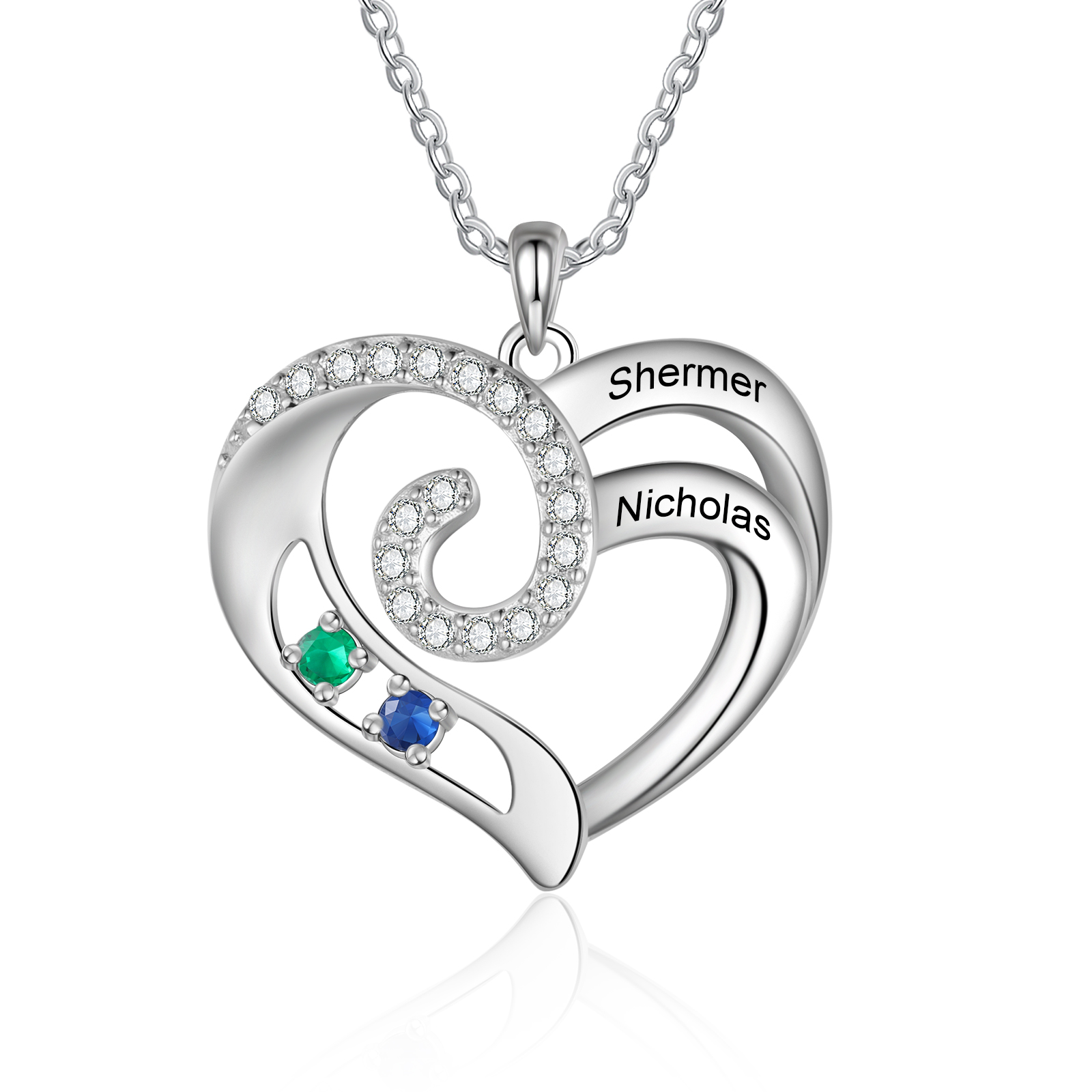 Personalised Heart Necklace with Custom 2 Names and 2 Birthstones 925 Sterling Silver Necklace Gift for Her | Jessmade