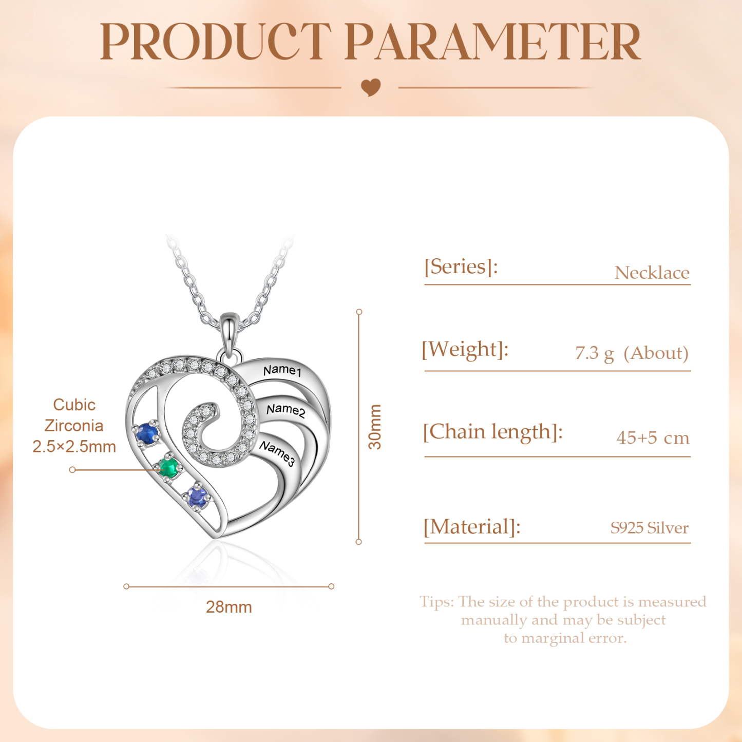 Personalised Heart Necklace with Custom 3 Names and 3 Birthstones 925 Sterling Silver Necklace Gift for Her | Jessmade