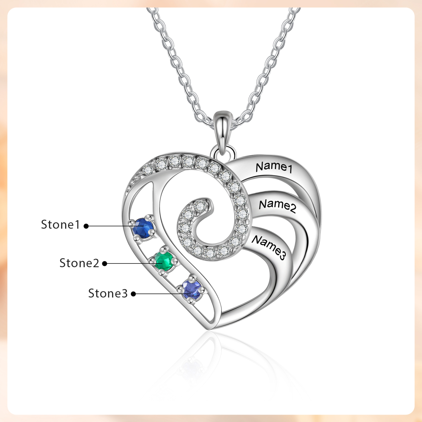 Personalised Heart Necklace with Custom 3 Names and 3 Birthstones 925 Sterling Silver Necklace Gift for Her | Jessmade