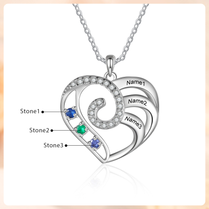 Personalised Heart Necklace with Custom 3 Names and 3 Birthstones 925 Sterling Silver Necklace Gift for Her | Jessmade