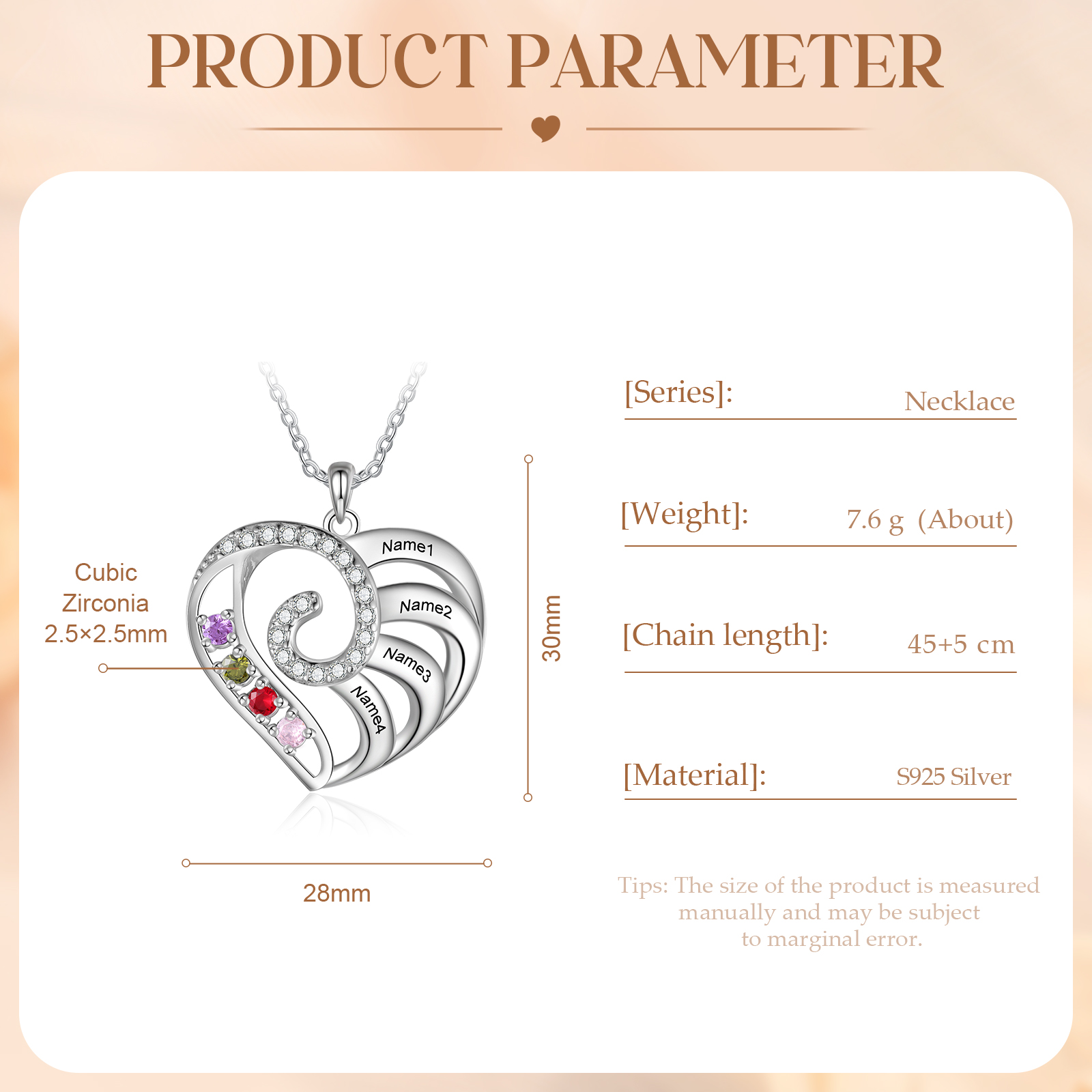 Personalised Heart Necklace with Custom 4 Names and 4 Birthstones 925 Sterling Silver Necklace Gift for Her | Jessmade