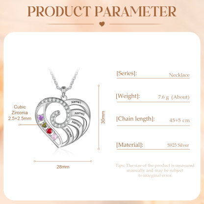 Personalised Heart Necklace with Custom 4 Names and 4 Birthstones 925 Sterling Silver Necklace Gift for Her | Jessmade