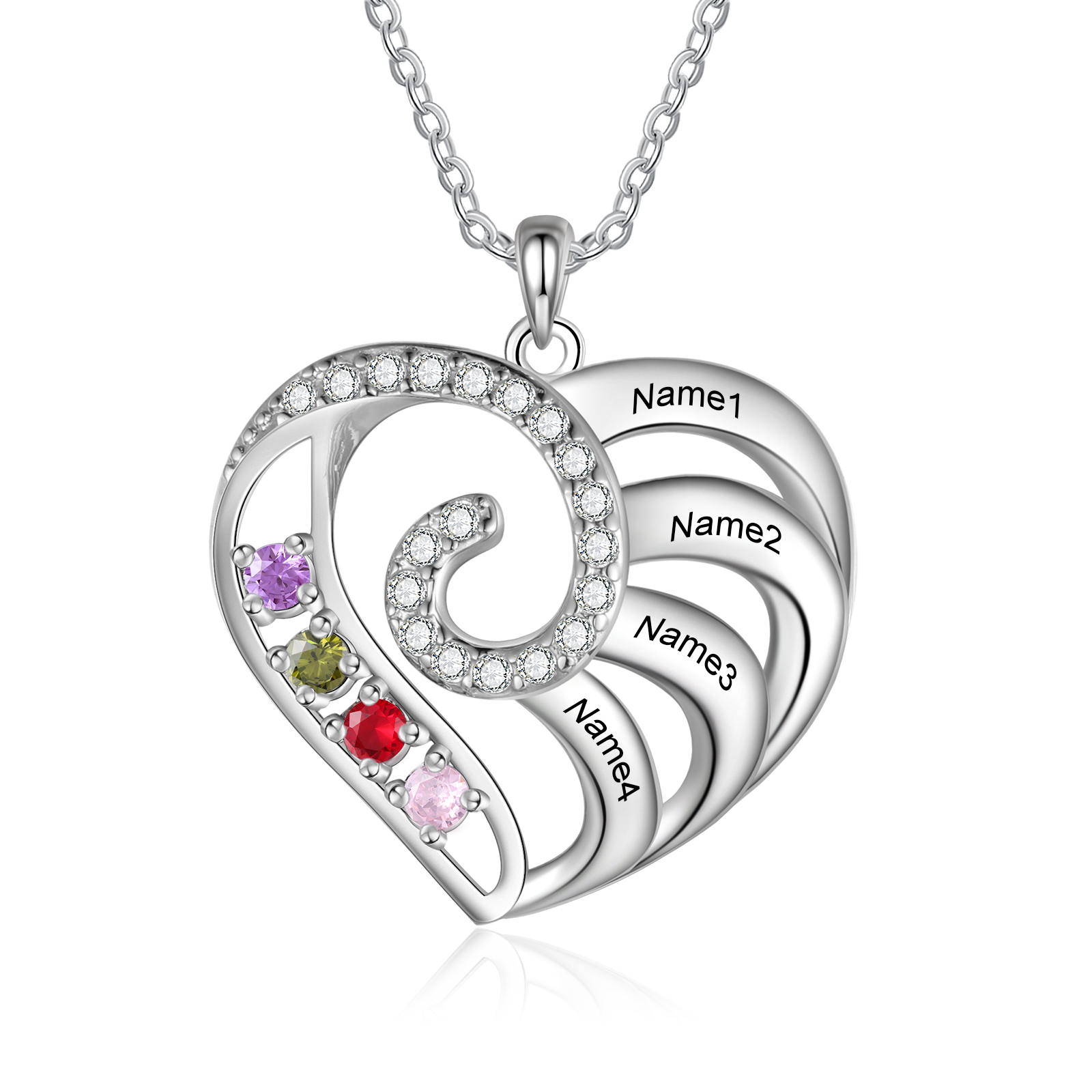 Personalised Heart Necklace with Custom 4 Names and 4 Birthstones 925 Sterling Silver Necklace Gift for Her | Jessmade