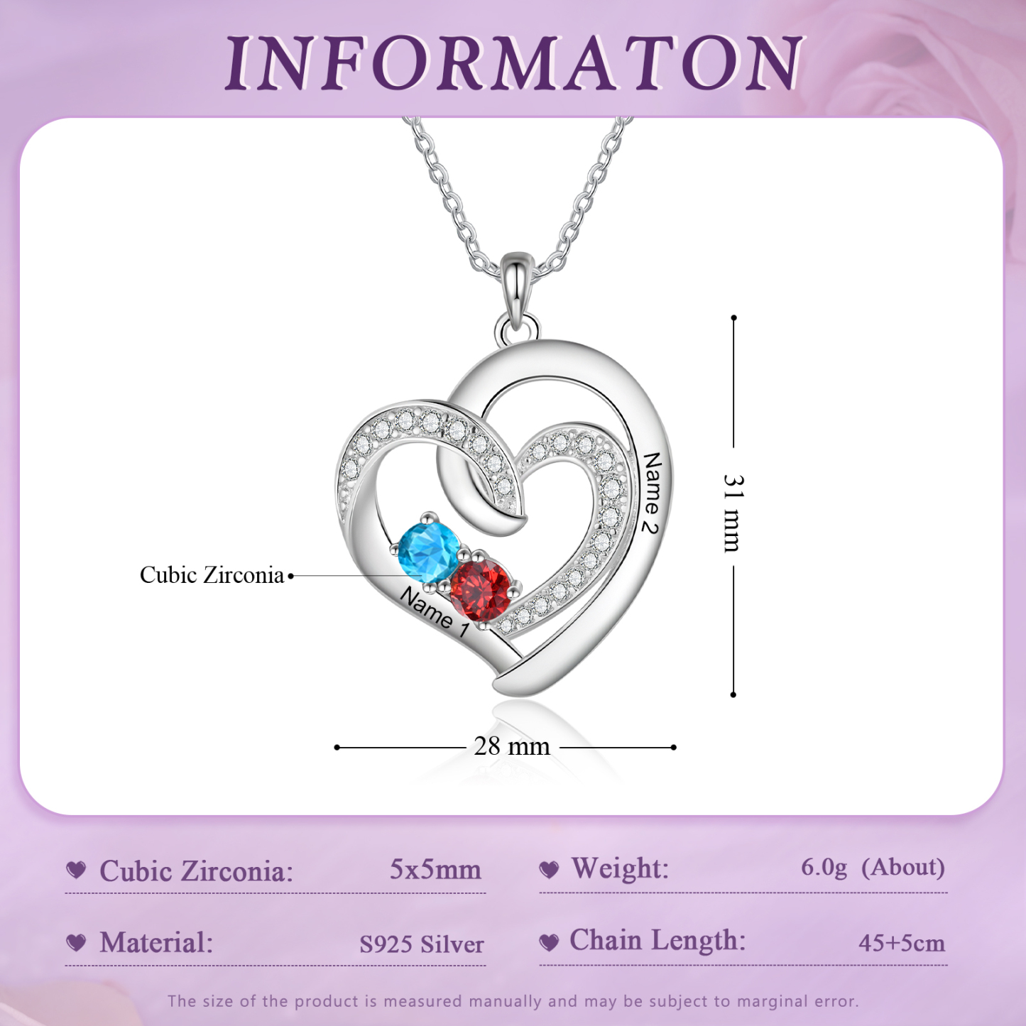 Personalised Custom 2 Names Heart Necklace with 2 Birthstones 925 Sterling Silver Necklace Gift for Her | Jessmade