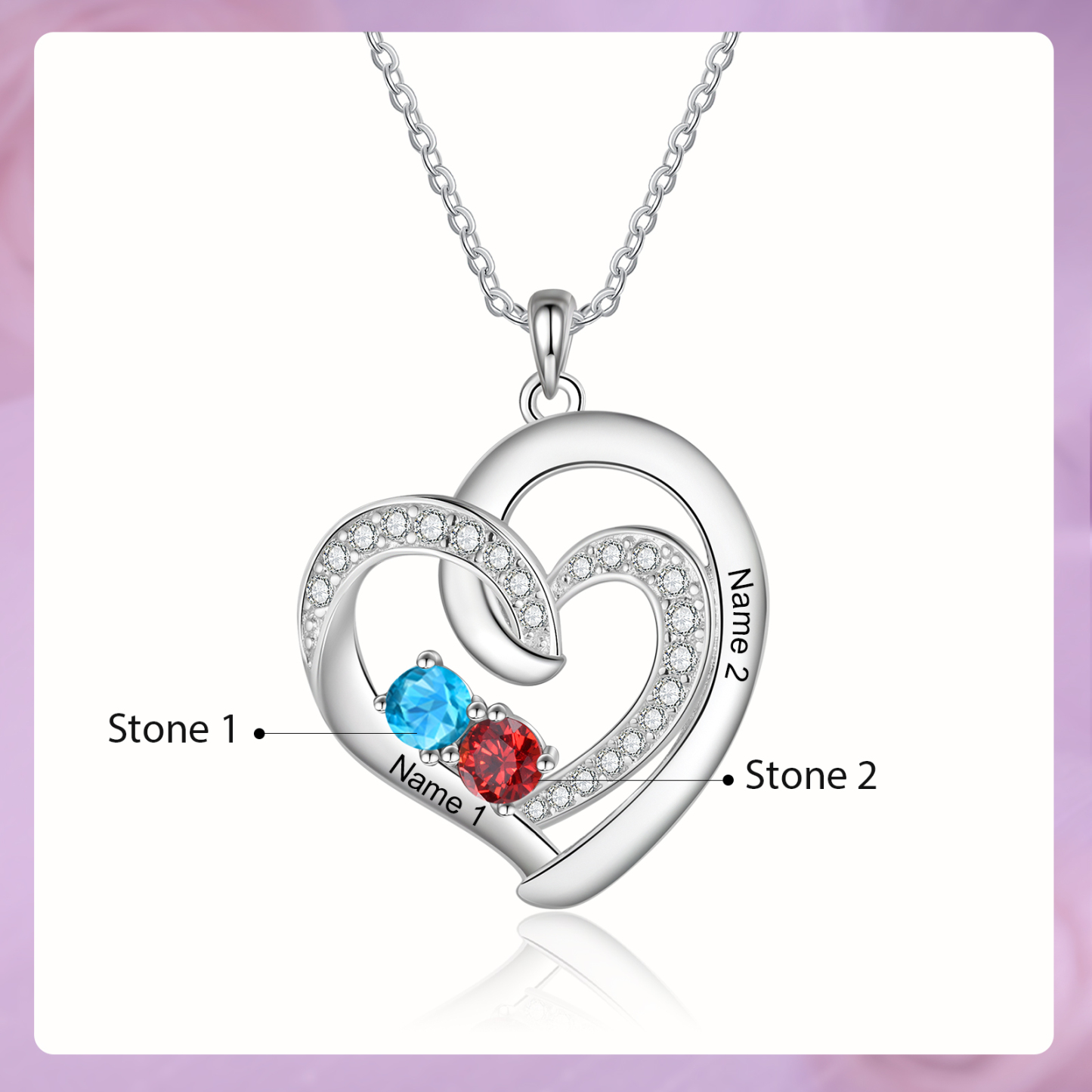 Personalised Custom 2 Names Heart Necklace with 2 Birthstones 925 Sterling Silver Necklace Gift for Her | Jessmade