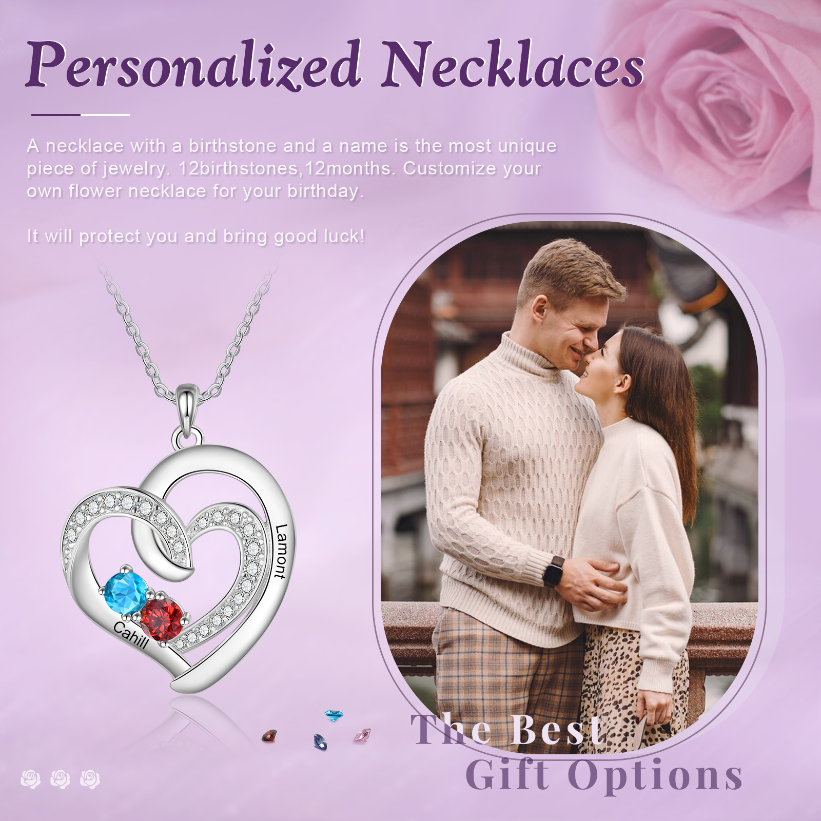 Personalised Custom 2 Names Heart Necklace with 2 Birthstones 925 Sterling Silver Necklace Gift for Her | Jessmade