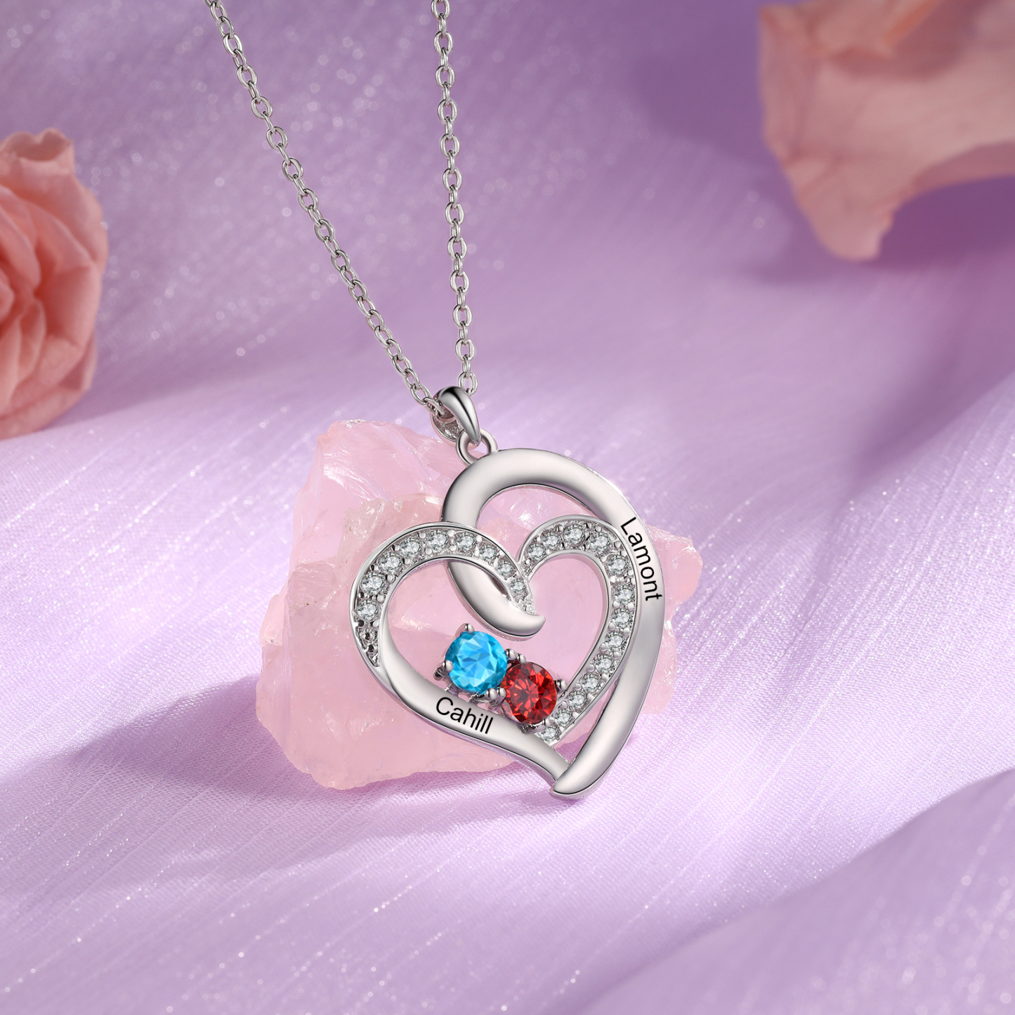 Personalised Custom 2 Names Heart Necklace with 2 Birthstones 925 Sterling Silver Necklace Gift for Her | Jessmade