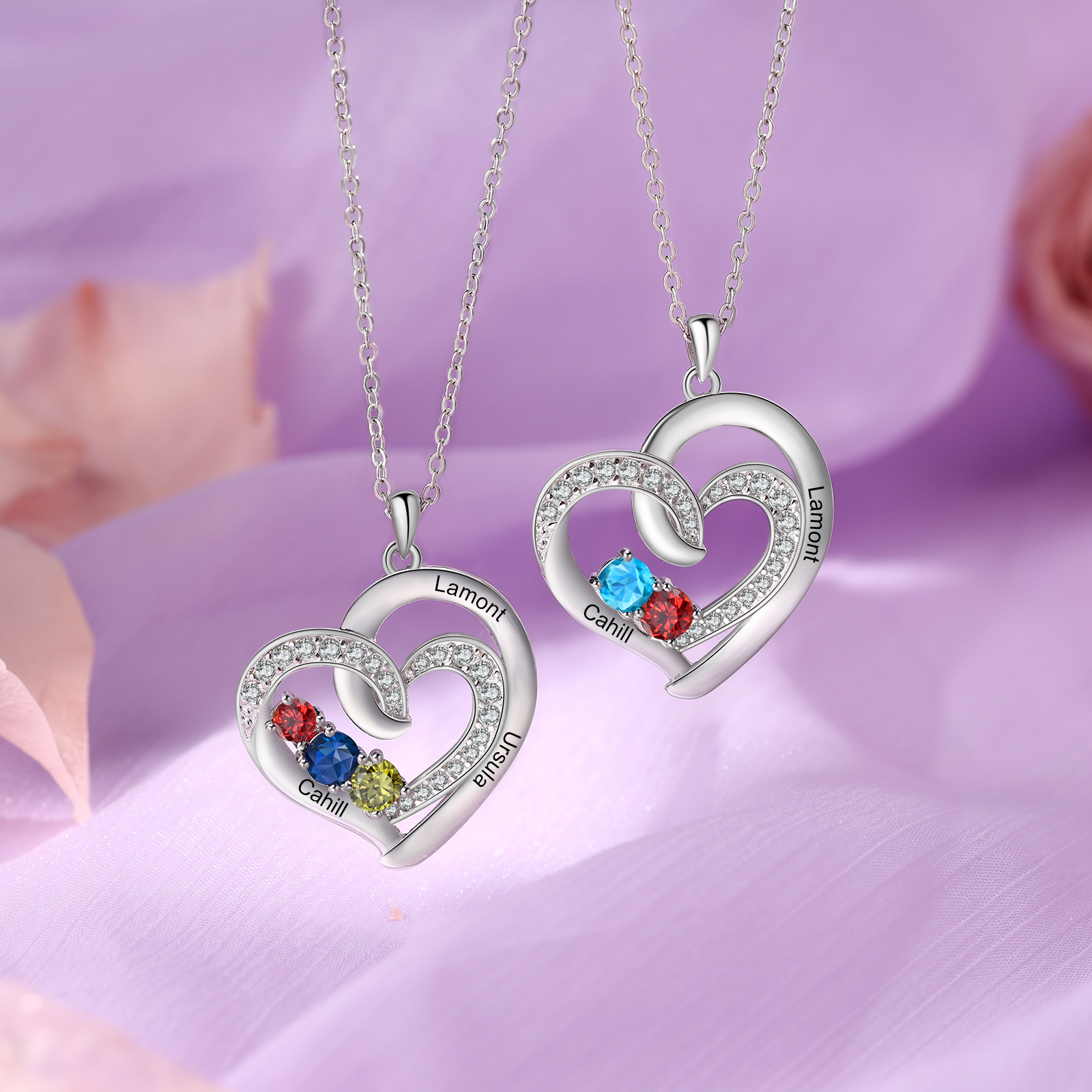 Personalised Custom 2 Names Heart Necklace with 2 Birthstones 925 Sterling Silver Necklace Gift for Her | Jessmade