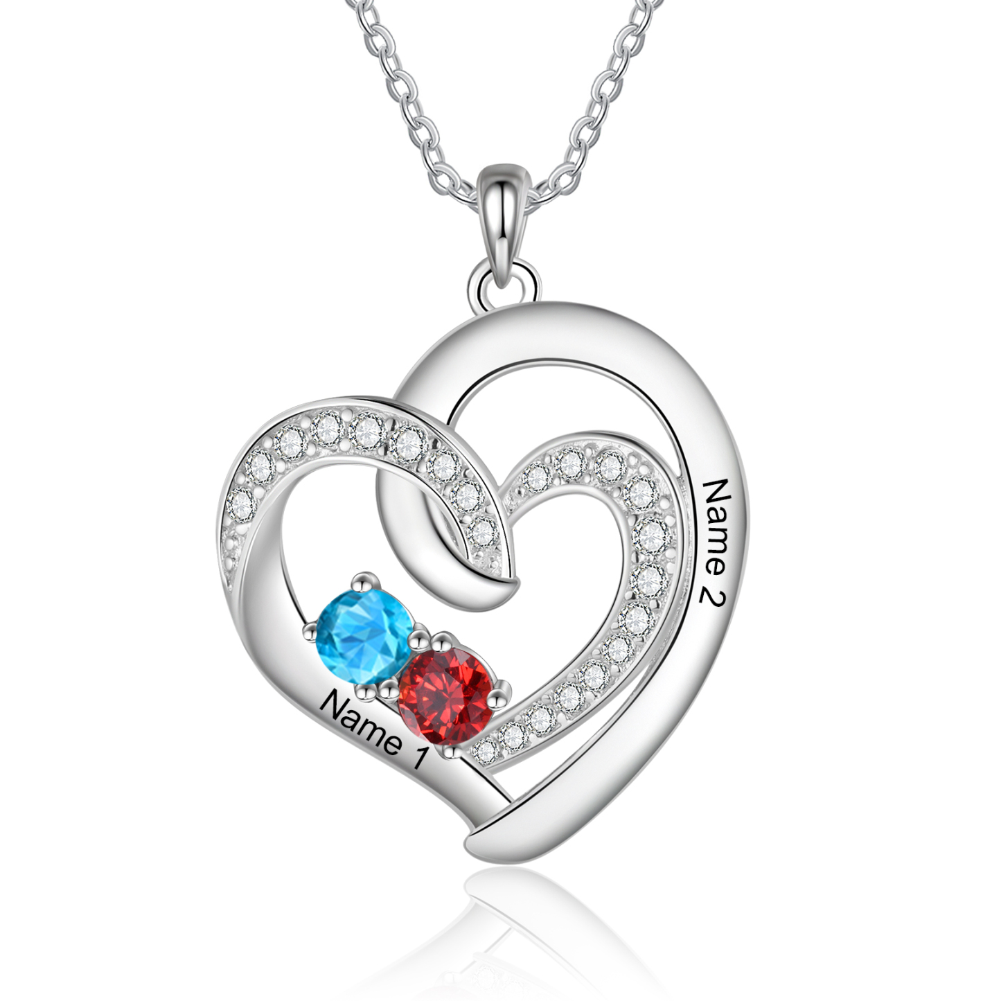 Personalised Custom 2 Names Heart Necklace with 2 Birthstones 925 Sterling Silver Necklace Gift for Her | Jessmade