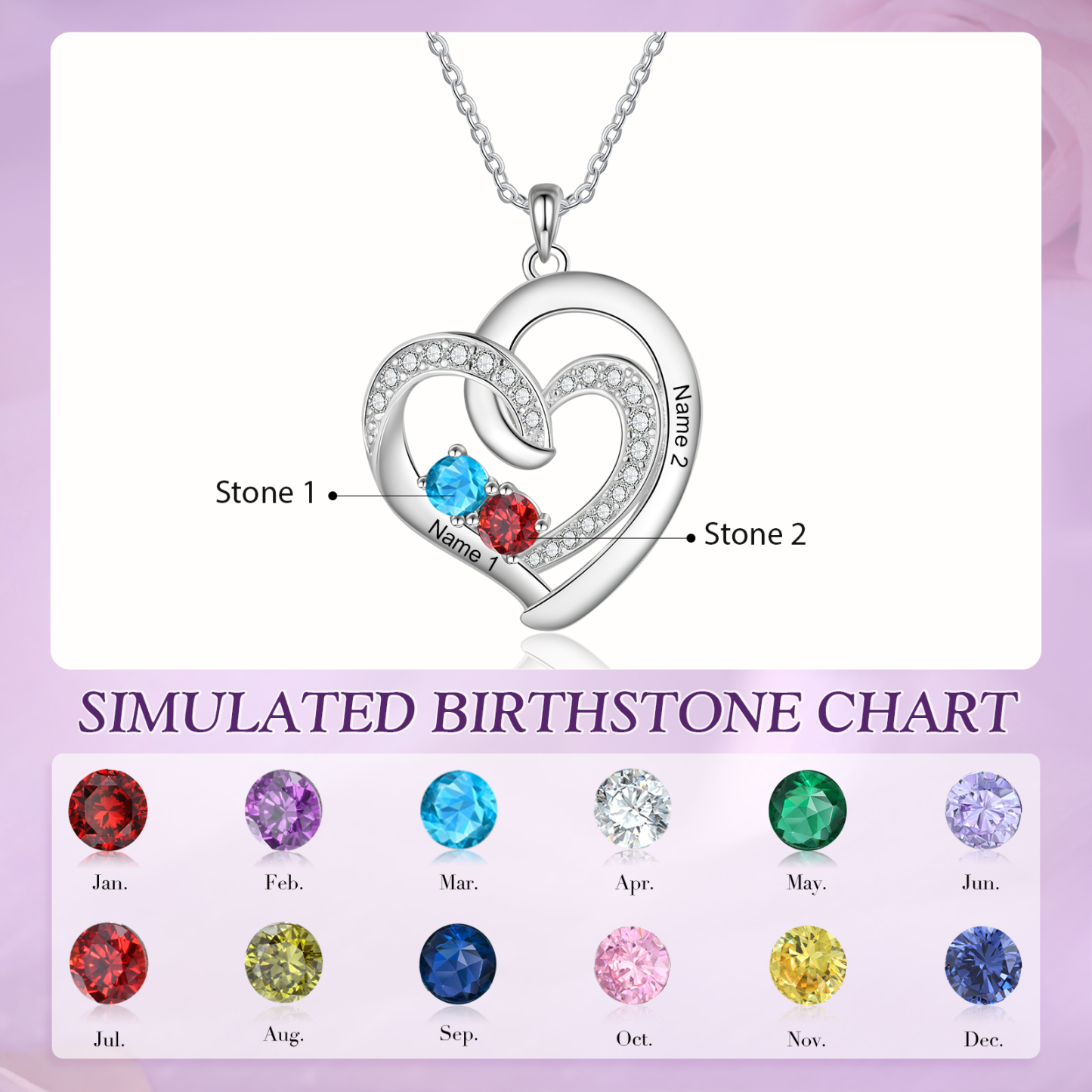 Personalised Custom 2 Names Heart Necklace with 2 Birthstones 925 Sterling Silver Necklace Gift for Her | Jessmade
