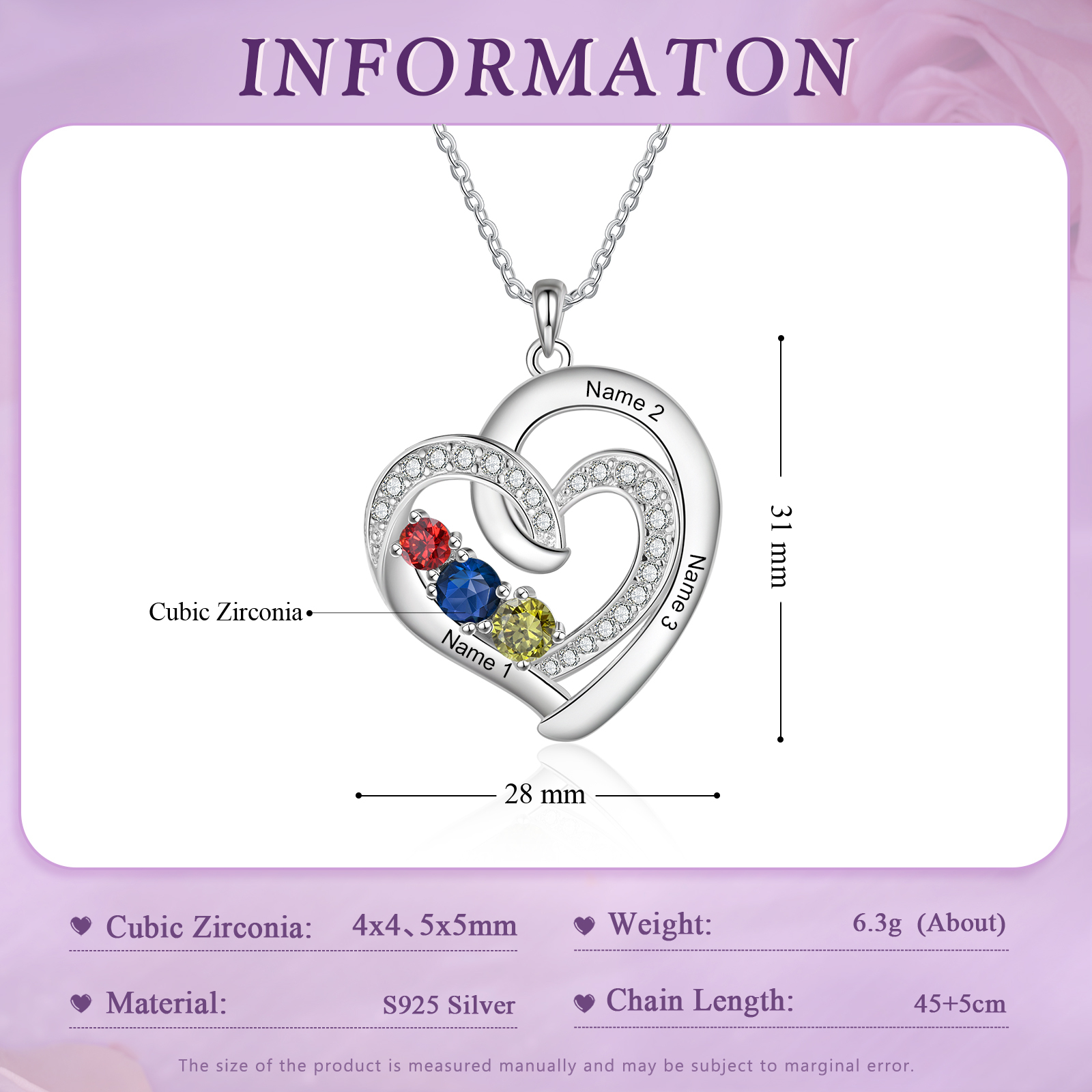 Personalised Custom 3 Names Heart Necklace with 3 Birthstones 925 Sterling Silver Necklace Gift for Her | Jessmade