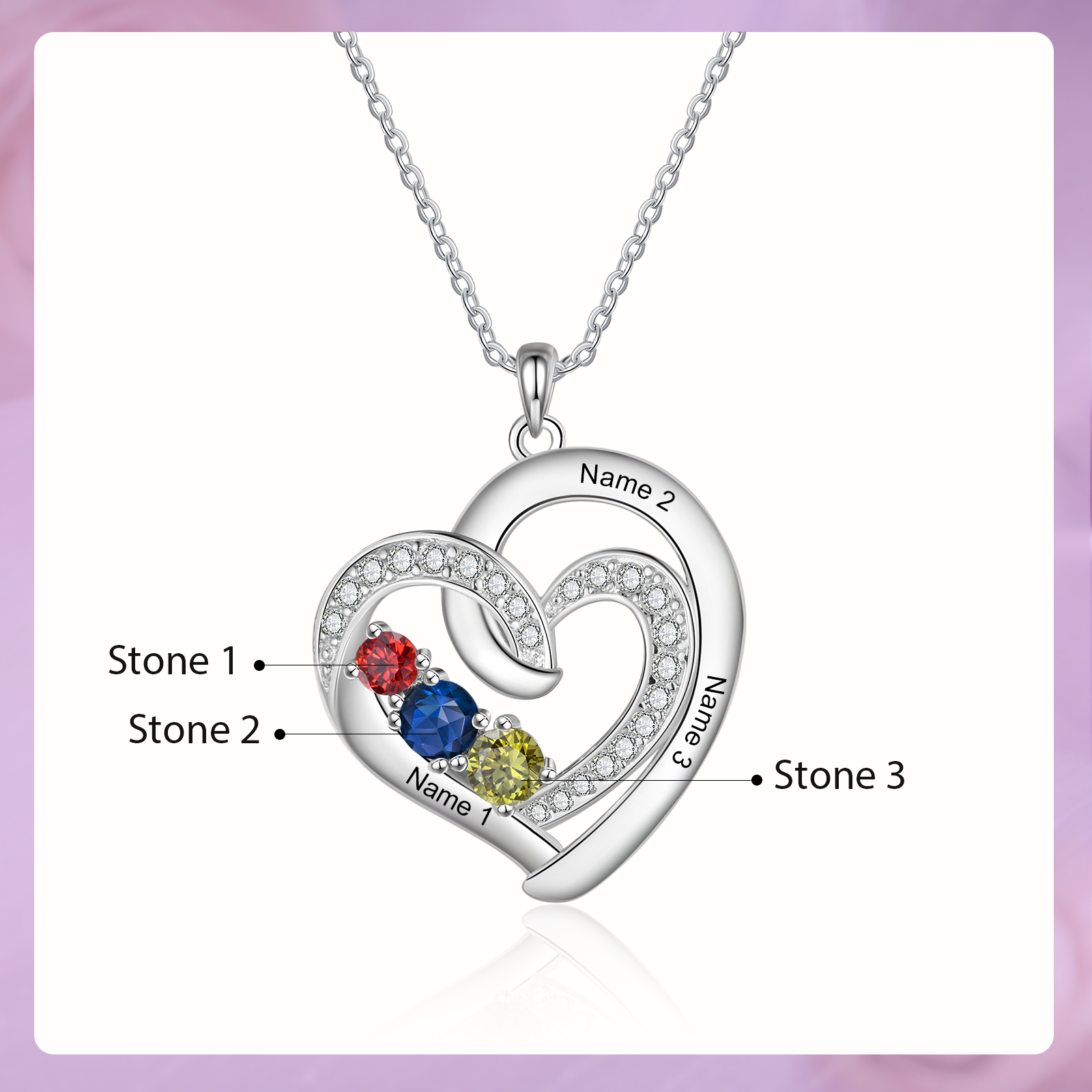 Personalised Custom 3 Names Heart Necklace with 3 Birthstones 925 Sterling Silver Necklace Gift for Her | Jessmade