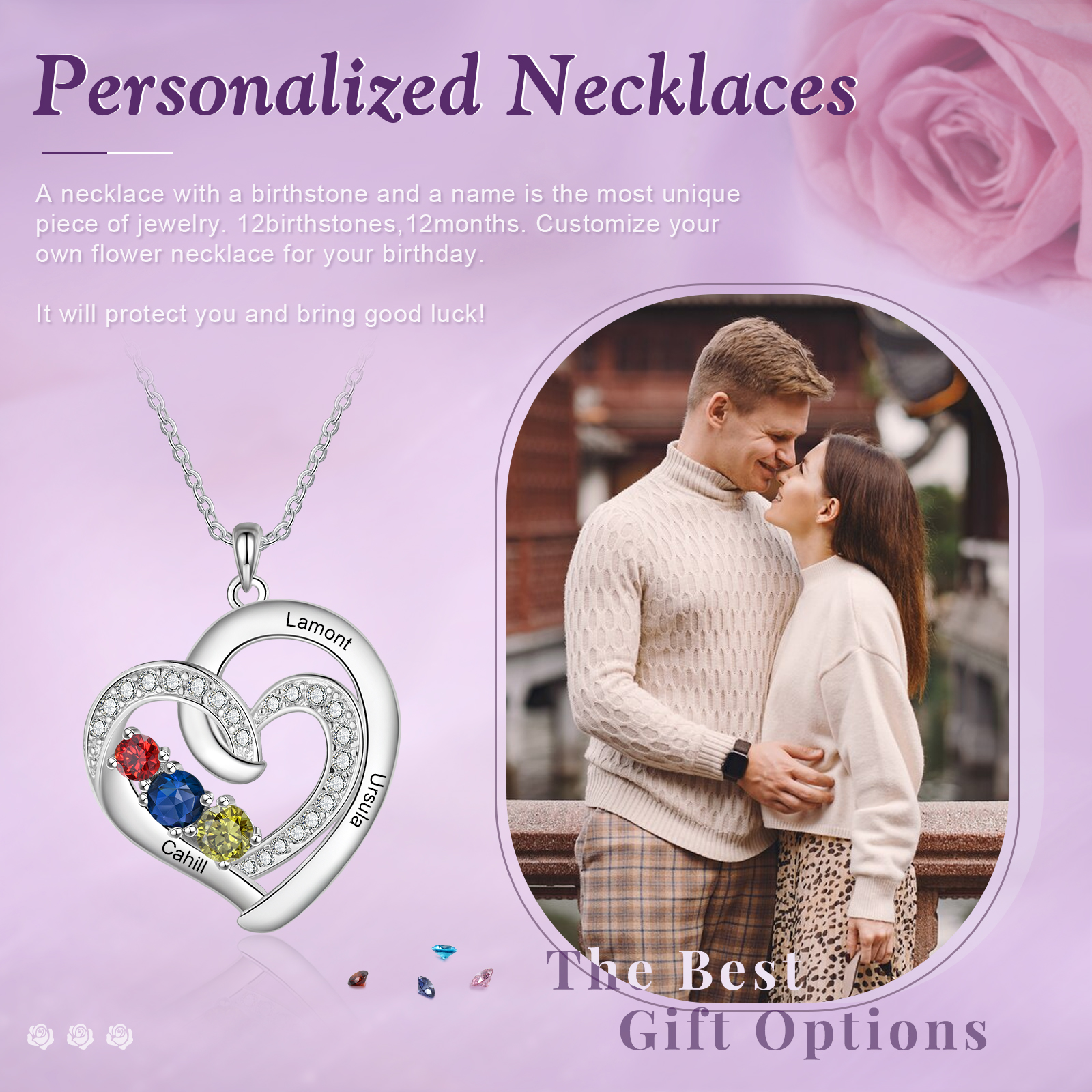 Personalised Custom 3 Names Heart Necklace with 3 Birthstones 925 Sterling Silver Necklace Gift for Her | Jessmade