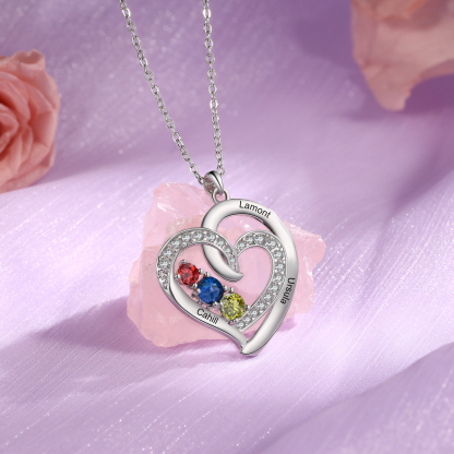 Personalised Custom 3 Names Heart Necklace with 3 Birthstones 925 Sterling Silver Necklace Gift for Her | Jessmade