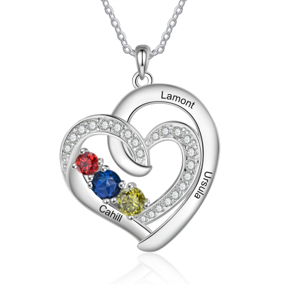 Personalised Custom 3 Names Heart Necklace with 3 Birthstones 925 Ster