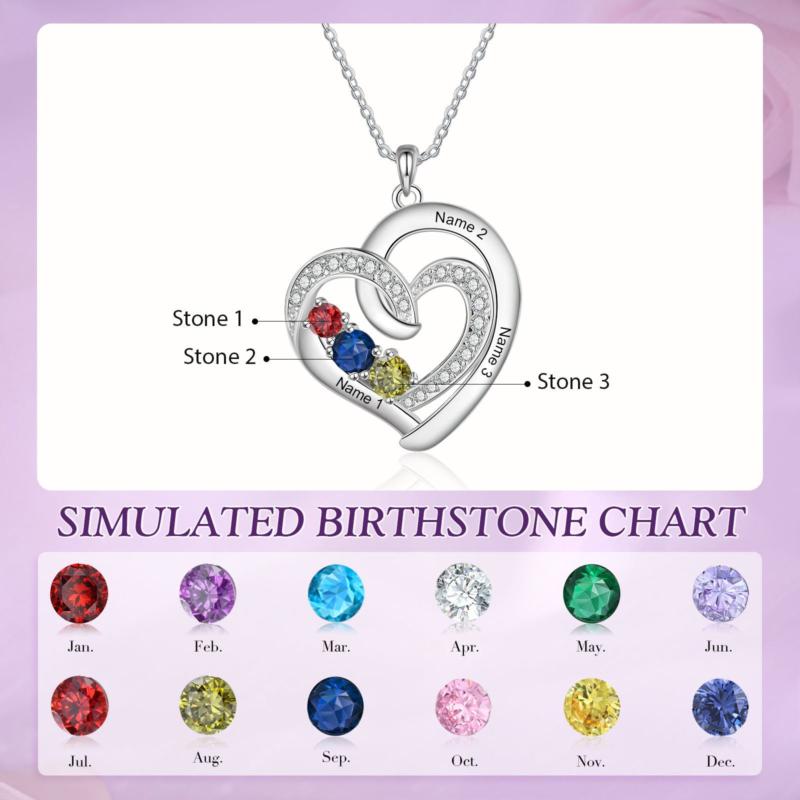 Personalised Custom 3 Names Heart Necklace with 3 Birthstones 925 Sterling Silver Necklace Gift for Her | Jessmade