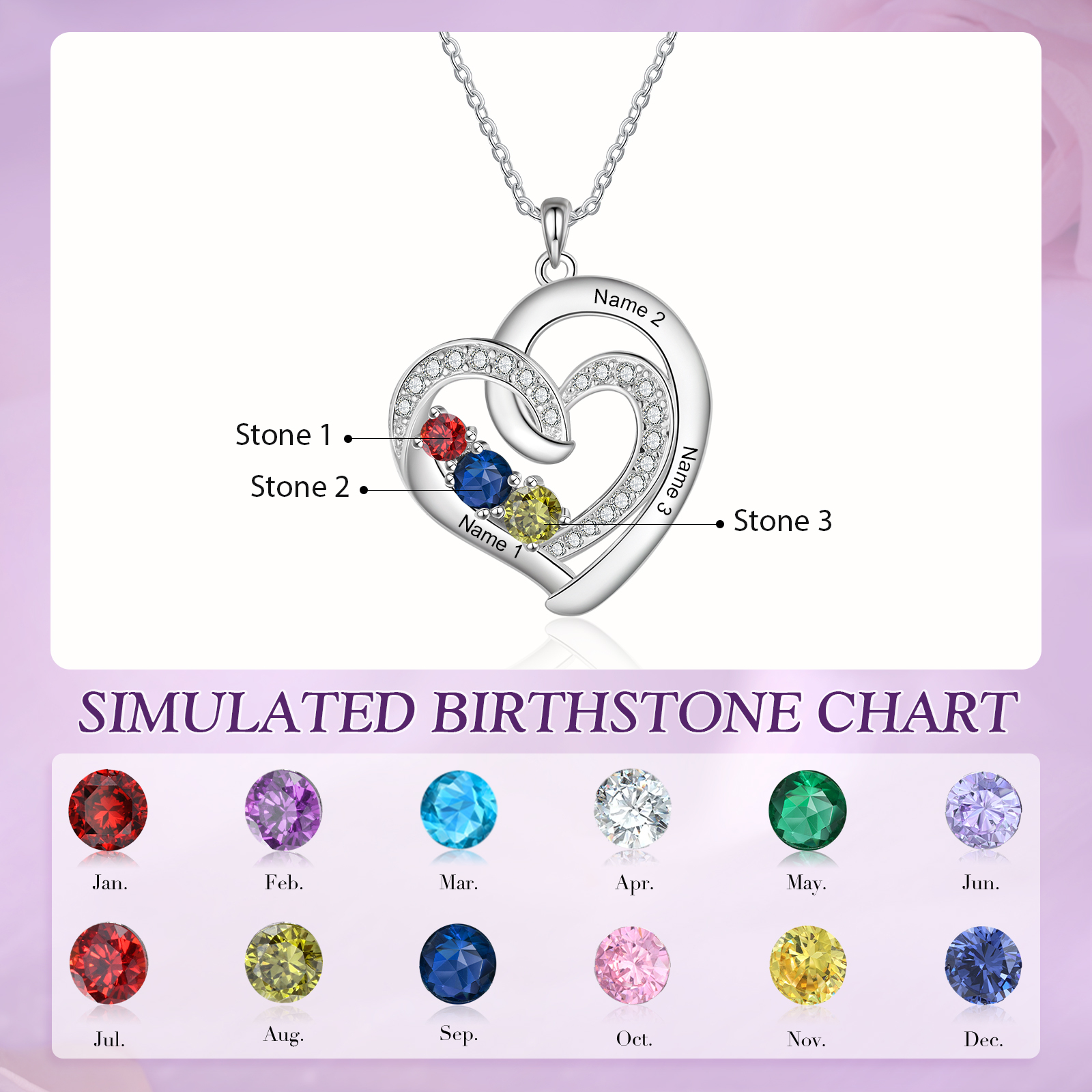 Personalised Custom 3 Names Heart Necklace with 3 Birthstones 925 Sterling Silver Necklace Gift for Her | Jessmade
