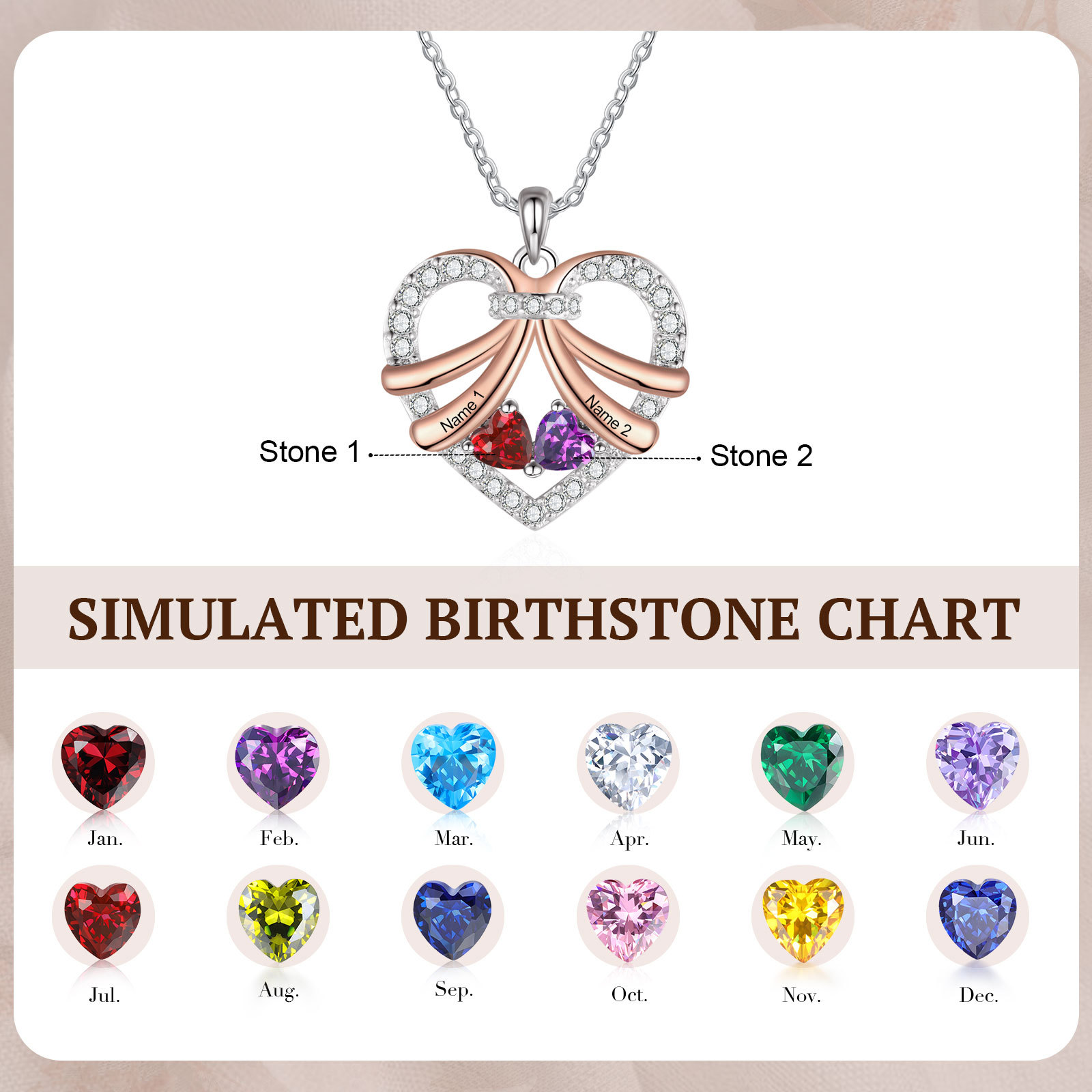 Personalised Custom 2 Names Heart Necklace with 2 Birthstones Women's Necklace Gift for Her | Jessmade