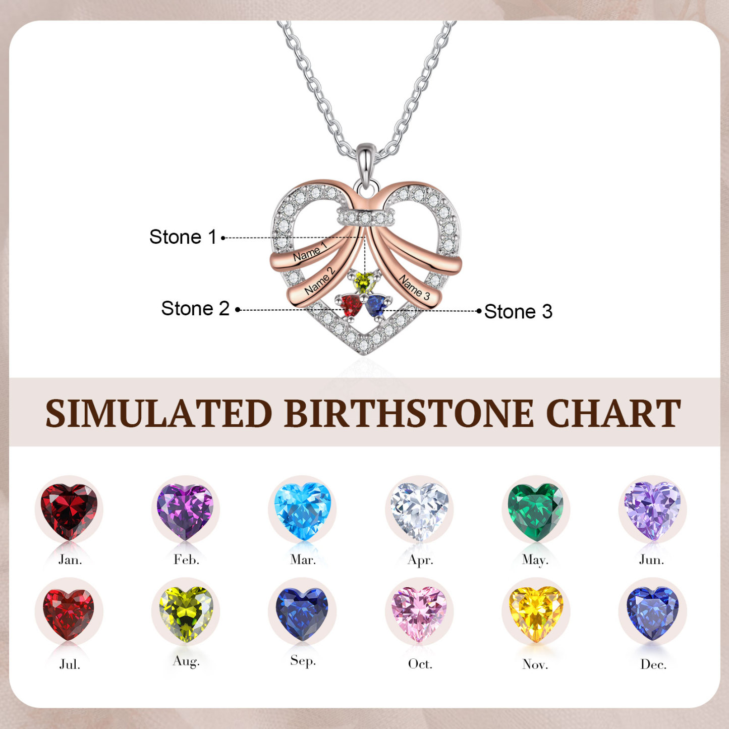 Personalised Custom 3 Names Heart Necklace with 3 Birthstones Women's Necklace Gift for Her | Jessmade