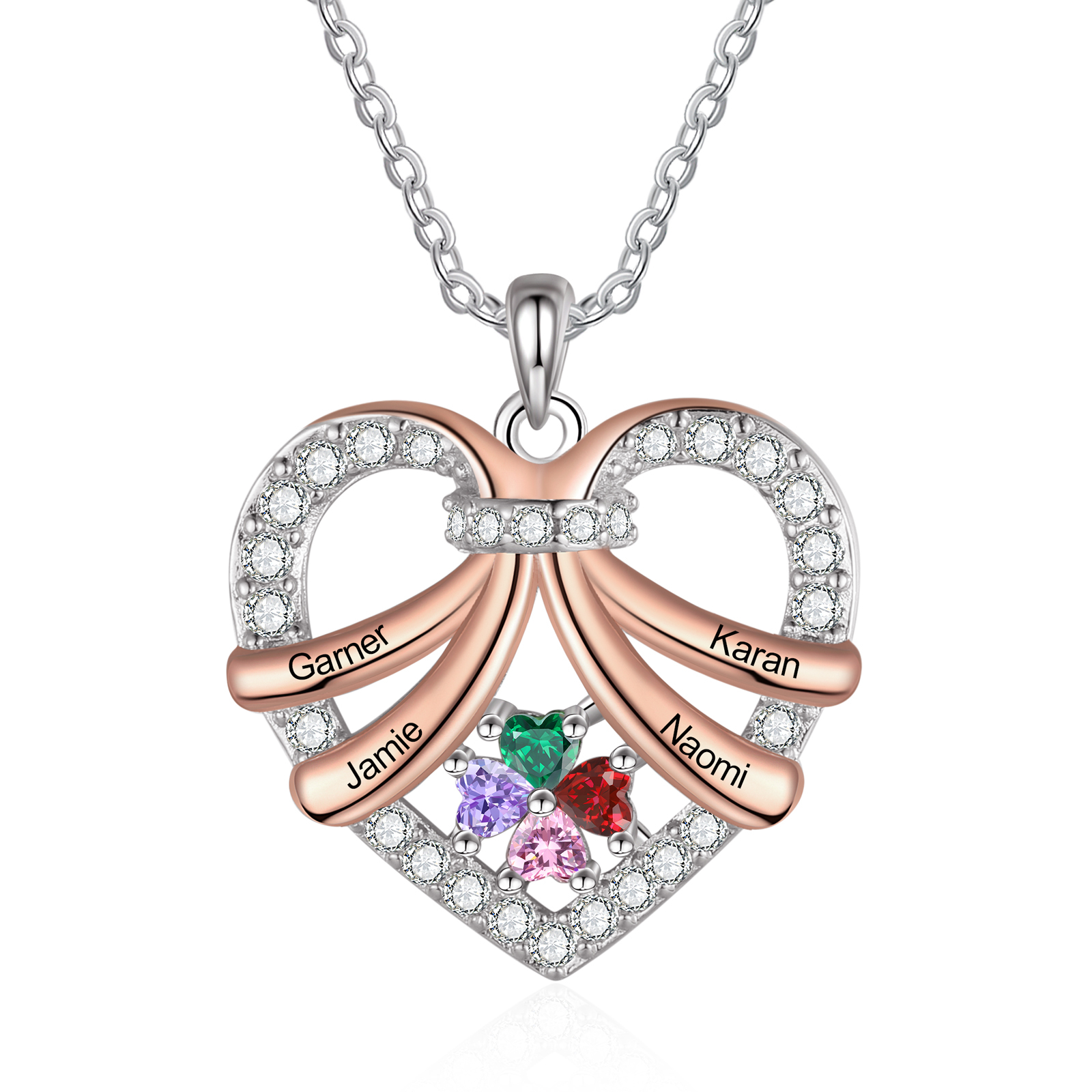 Personalised Custom 4 Names Heart Necklace with 4 Birthstones Women's