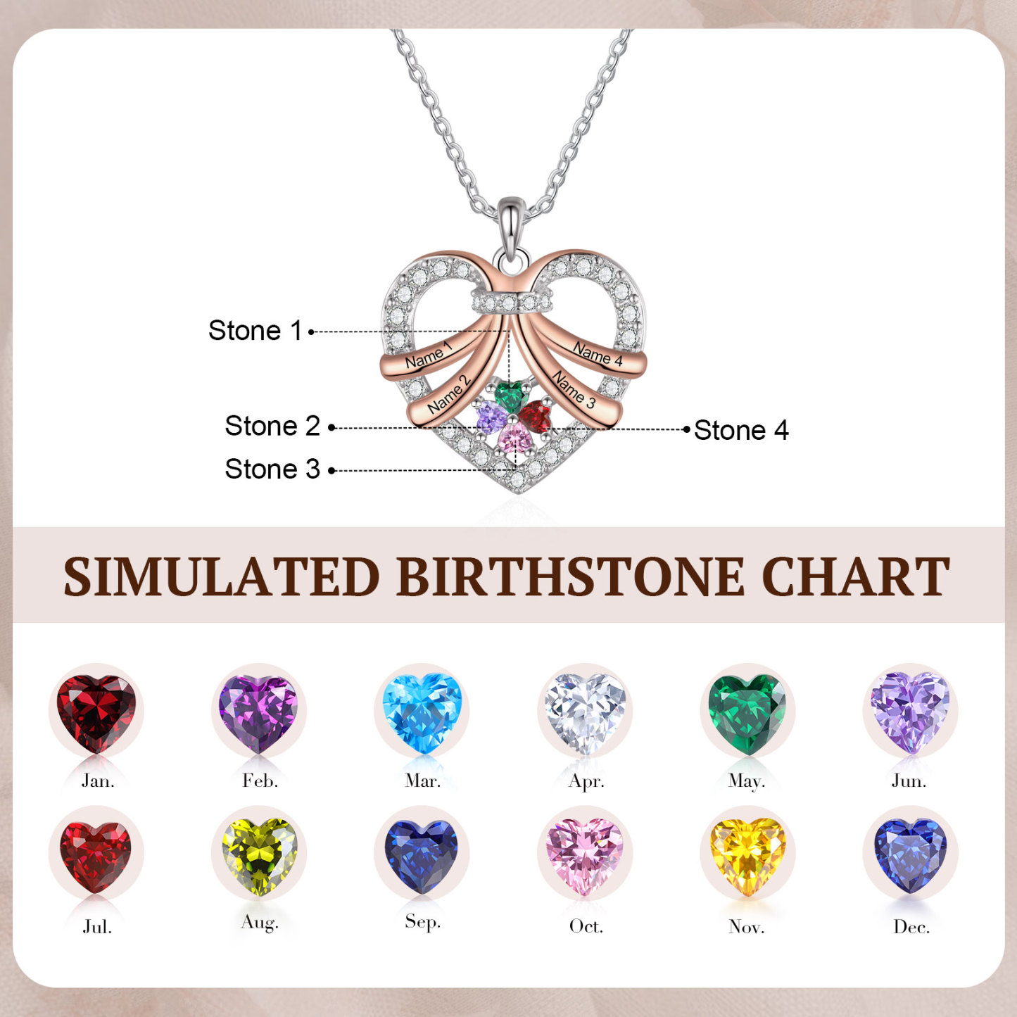 Personalised Custom 4 Names Heart Necklace with 4 Birthstones Women's Necklace Gift for Her | Jessmade
