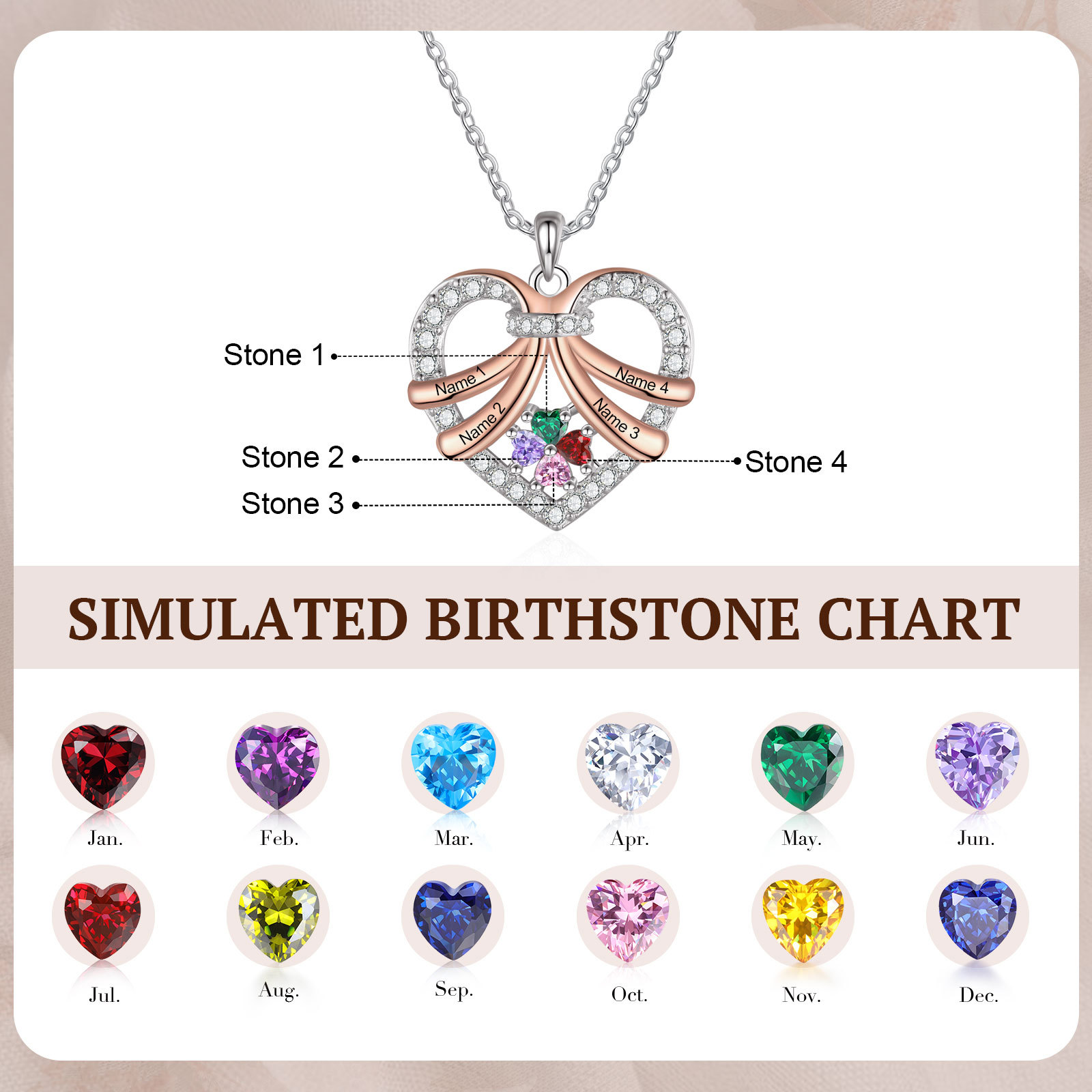Personalised Custom 4 Names Heart Necklace with 4 Birthstones Women's Necklace Gift for Her | Jessmade