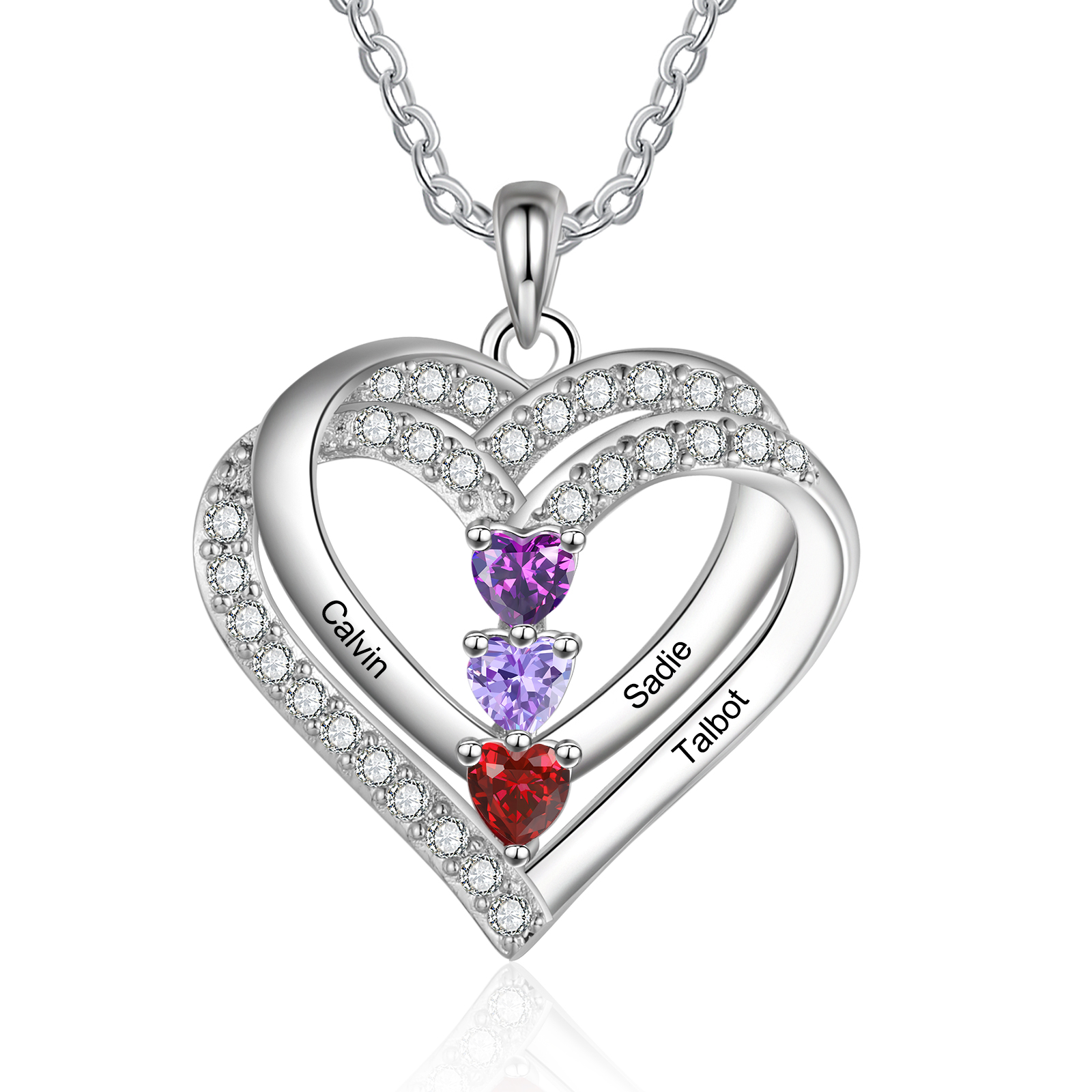 Personalised Heart Necklace Customized With 3 Names and 3 Birthstones Women's Necklace Gift for Her | Jessmade