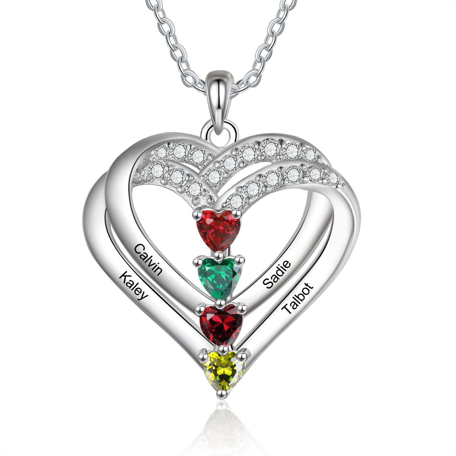Personalised Heart Necklace Customized With 4 Names and 4 Birthstones Women's Necklace Gift for Her | Jessmade