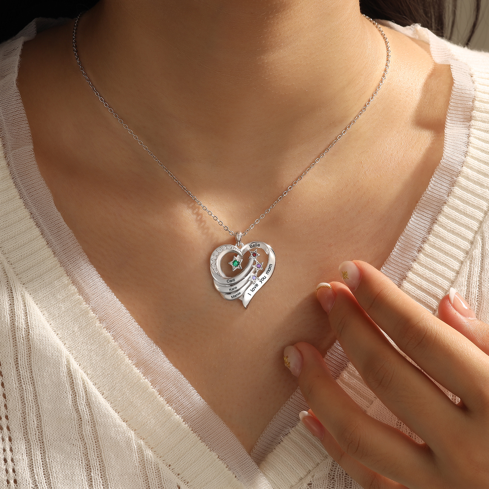 Personalised Heart Mirror Necklace Customized With 3 Names and 3 Birthstones Women's Necklace Gift for Her | Jessmade