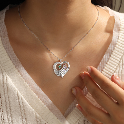 Personalised Heart Mirror Necklace Customized With 3 Names and 3 Birthstones Women's Necklace Gift for Her | Jessmade