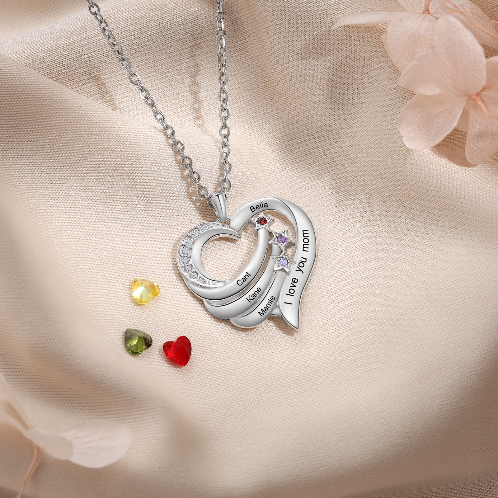 Personalised Heart Mirror Necklace Customized With 3 Names and 3 Birthstones Women's Necklace Gift for Her | Jessmade