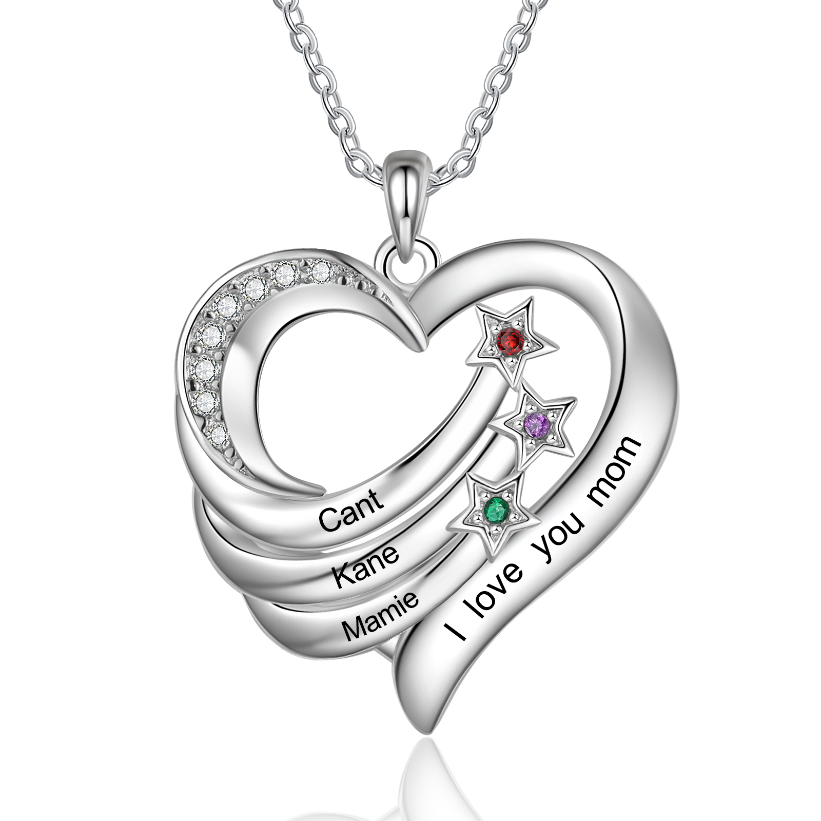 Personalised Heart Mirror Necklace Customized With 3 Names and 3 Birthstones Women's Necklace Gift for Her | Jessmade