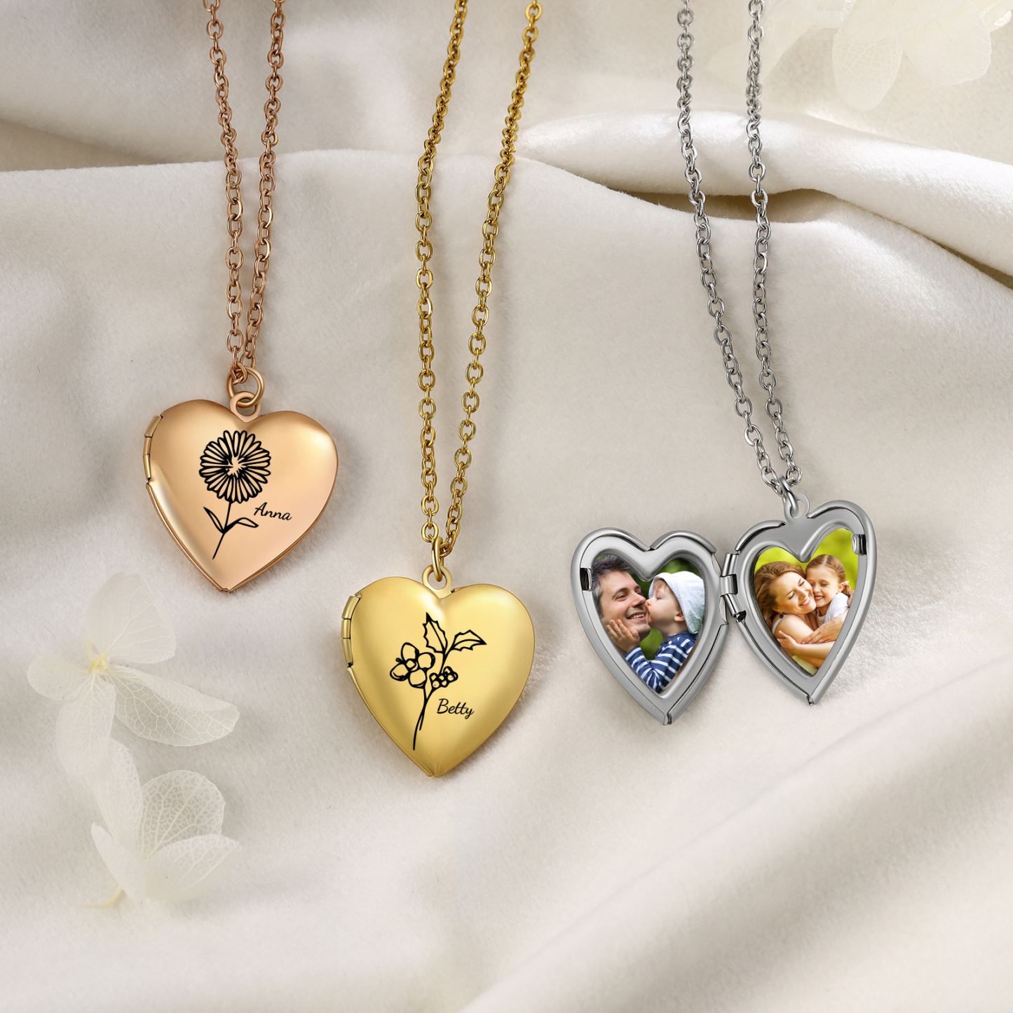 Personalized Heart-shaped Photo Necklace, Customized With 2 Photos &1 Birthflower &1 Name for Her | Jessmade