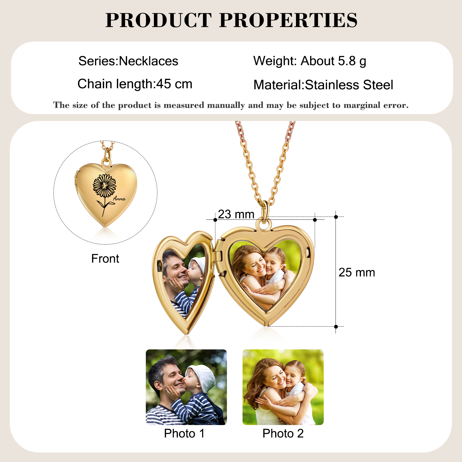 Personalized Heart-shaped Photo Necklace, Customized With 2 Photos &1 Birthflower &1 Name for Her | Jessmade