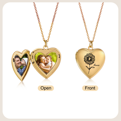 Personalized Heart-shaped Photo Necklace, Customized With 2 Photos &1 Birthflower &1 Name for Her | Jessmade