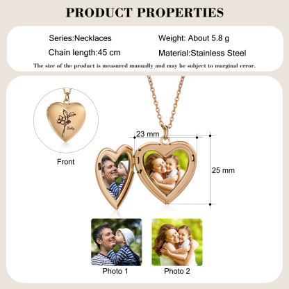Personalized Heart-shaped Photo Necklace, Customized With 2 Photos &1 Birthflower &1 Name for Her | Jessmade