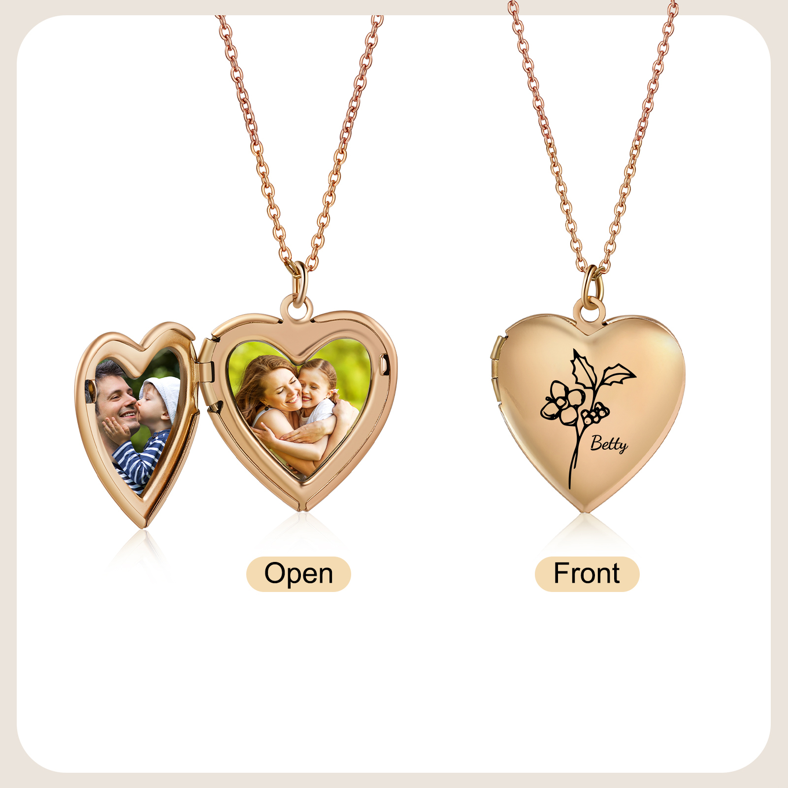 Personalized Heart-shaped Photo Necklace, Customized With 2 Photos &1 Birthflower &1 Name for Her | Jessmade