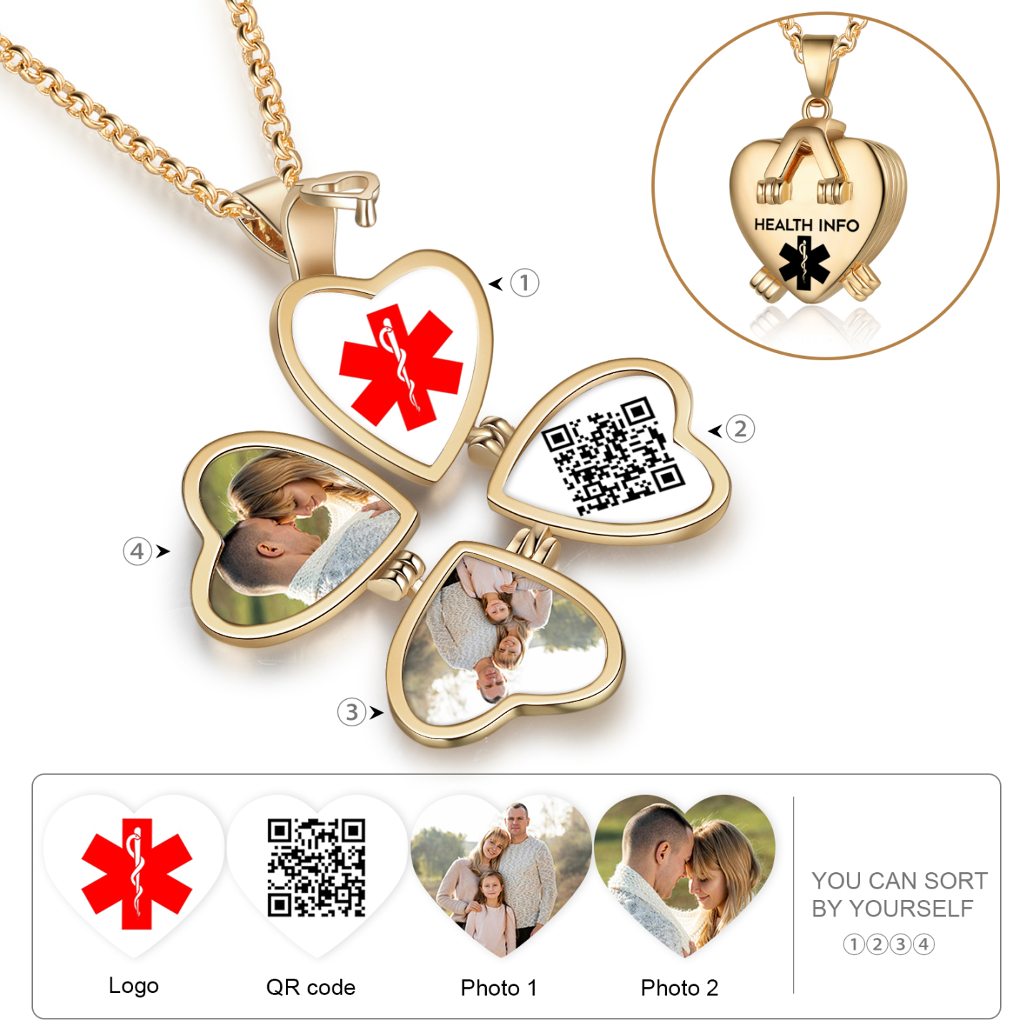 Personalised Medical ID Locket Necklace with QR Code - Custom 2 Photo Heart Pendant for Family | Jessmade