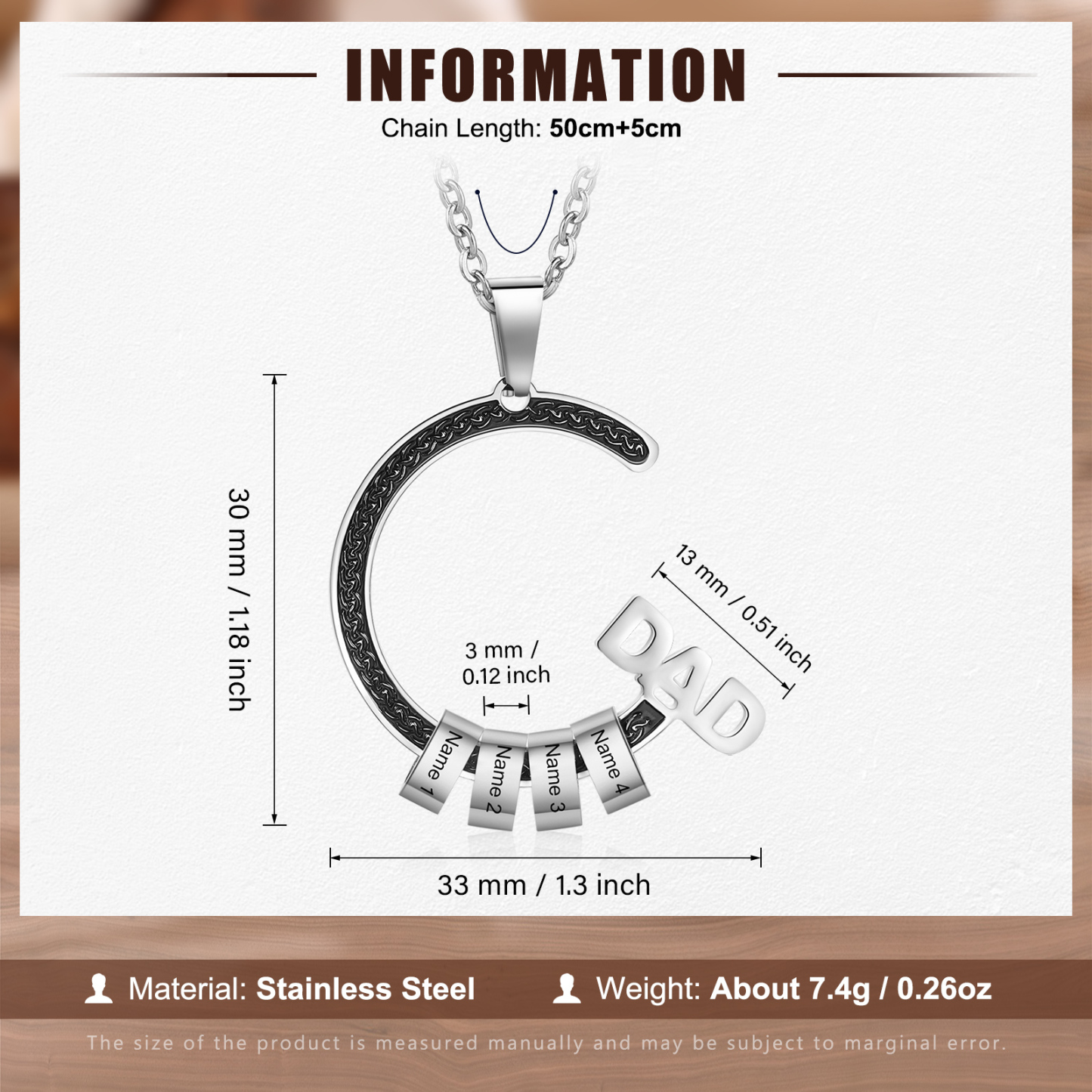 Personalised Dad Necklace with Custom 4 Names Stainless steel Necklace Christmas Gift for Dad | Jessmade