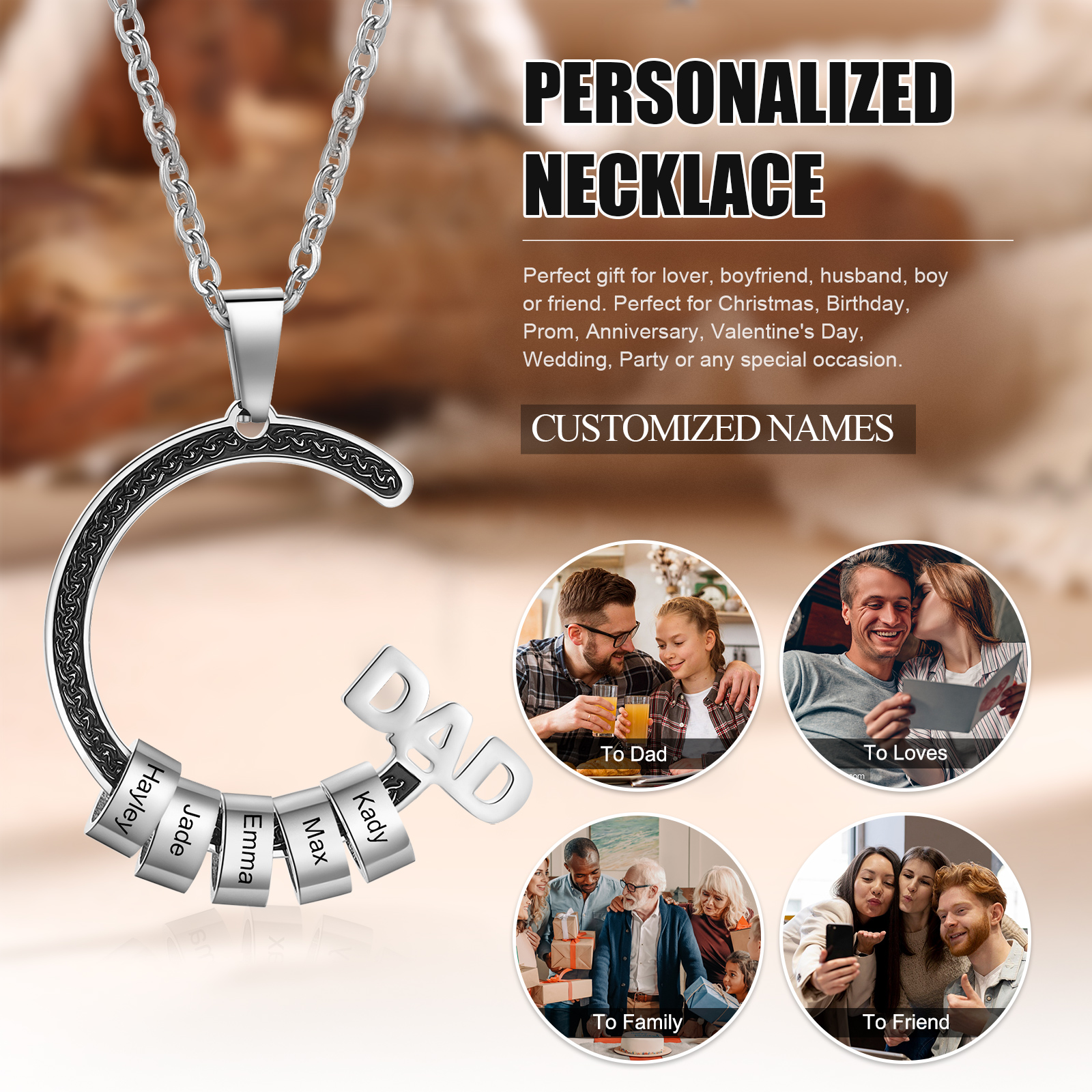Personalised Dad Necklace with Custom 5 Names Stainless steel Necklace Christmas Gift for Dad | Jessmade