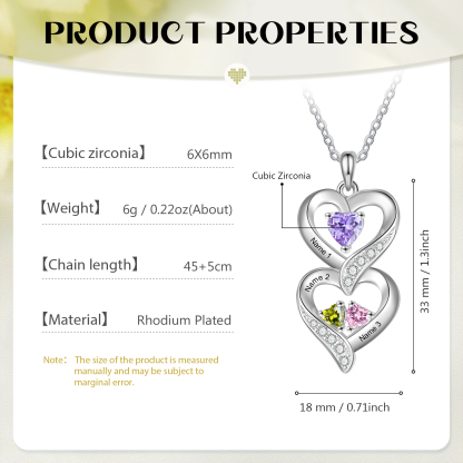 Personalised Heart Necklace - Custom 3 Names & 3 Birthstones Women's Pendant, Christmas Gift for Mum/Wife | Jessemade