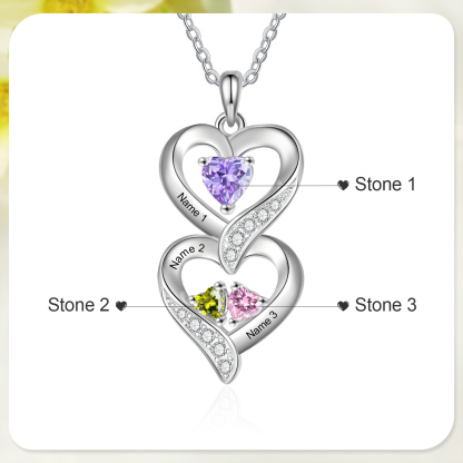 Personalised Heart Necklace - Custom 3 Names & 3 Birthstones Women's Pendant, Christmas Gift for Mum/Wife | Jessemade