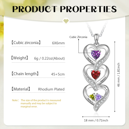 Personalised Heart Necklace - Custom 4 Names & 4 Birthstones Women's Pendant, Christmas Gift for Mum/Wife | Jessemade