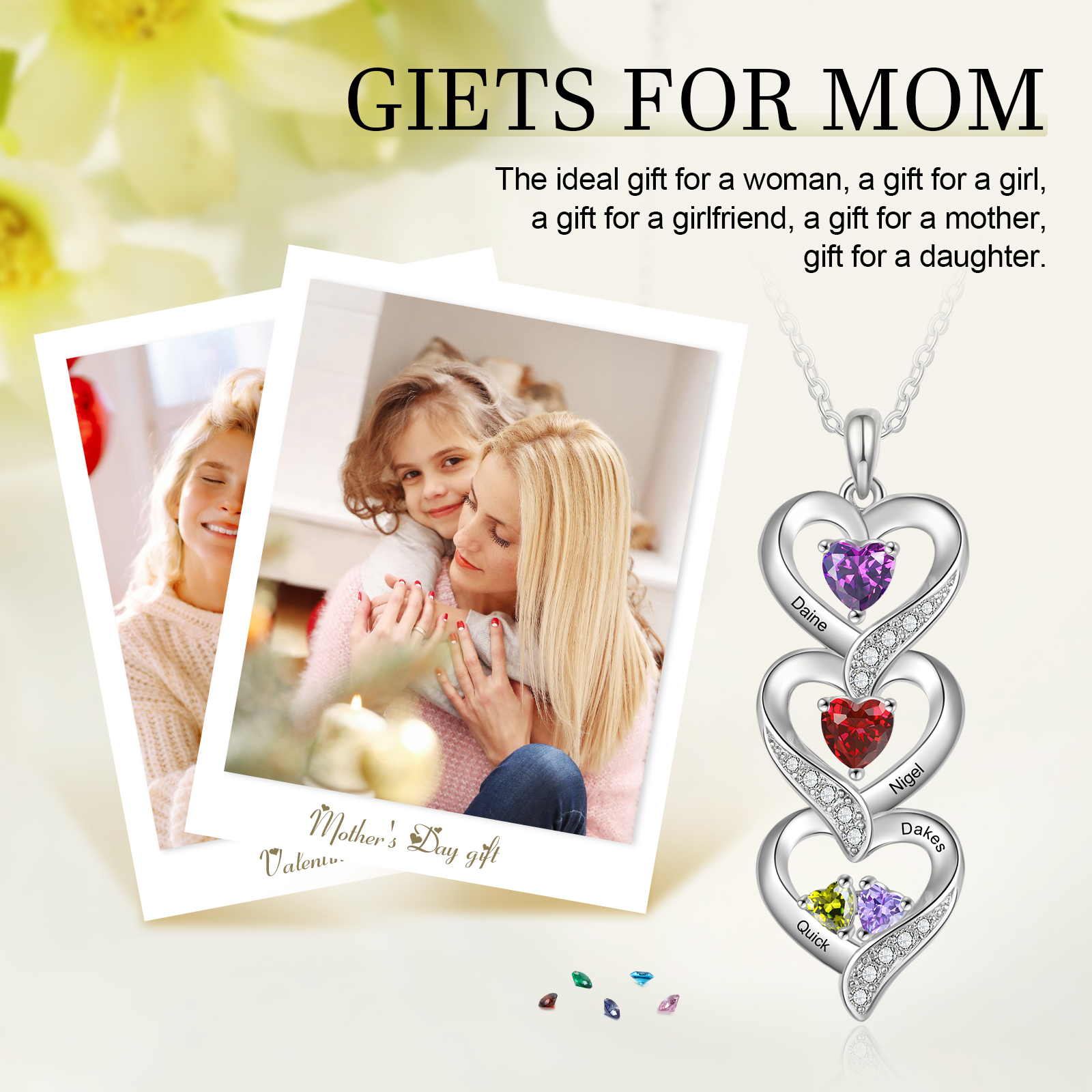 Personalised Heart Necklace - Custom 4 Names & 4 Birthstones Women's Pendant, Christmas Gift for Mum/Wife | Jessemade