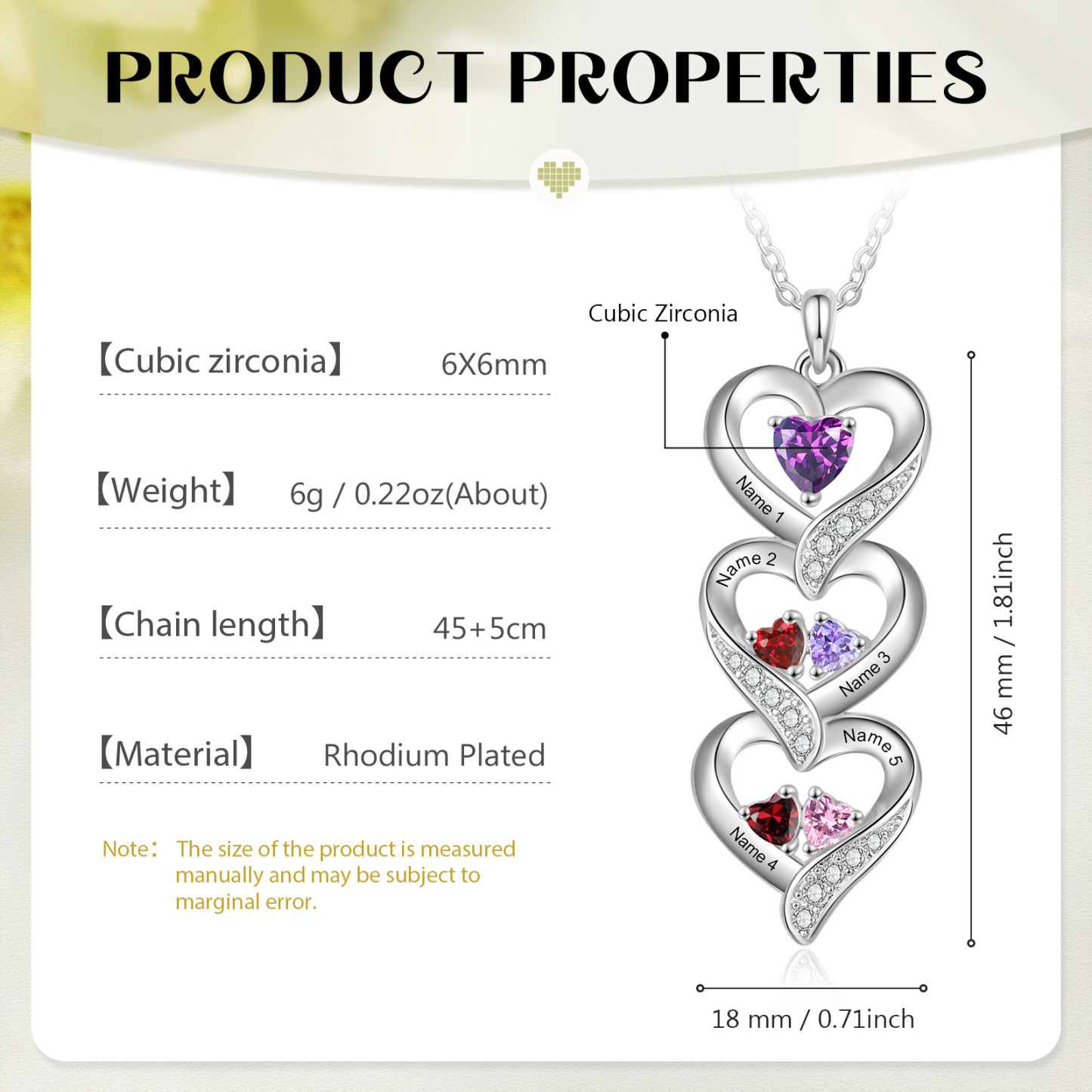 Personalised Heart Necklace - Custom 5 Names & 5 Birthstones Women's Pendant, Christmas Gift for Mum/Wife | Jessemade